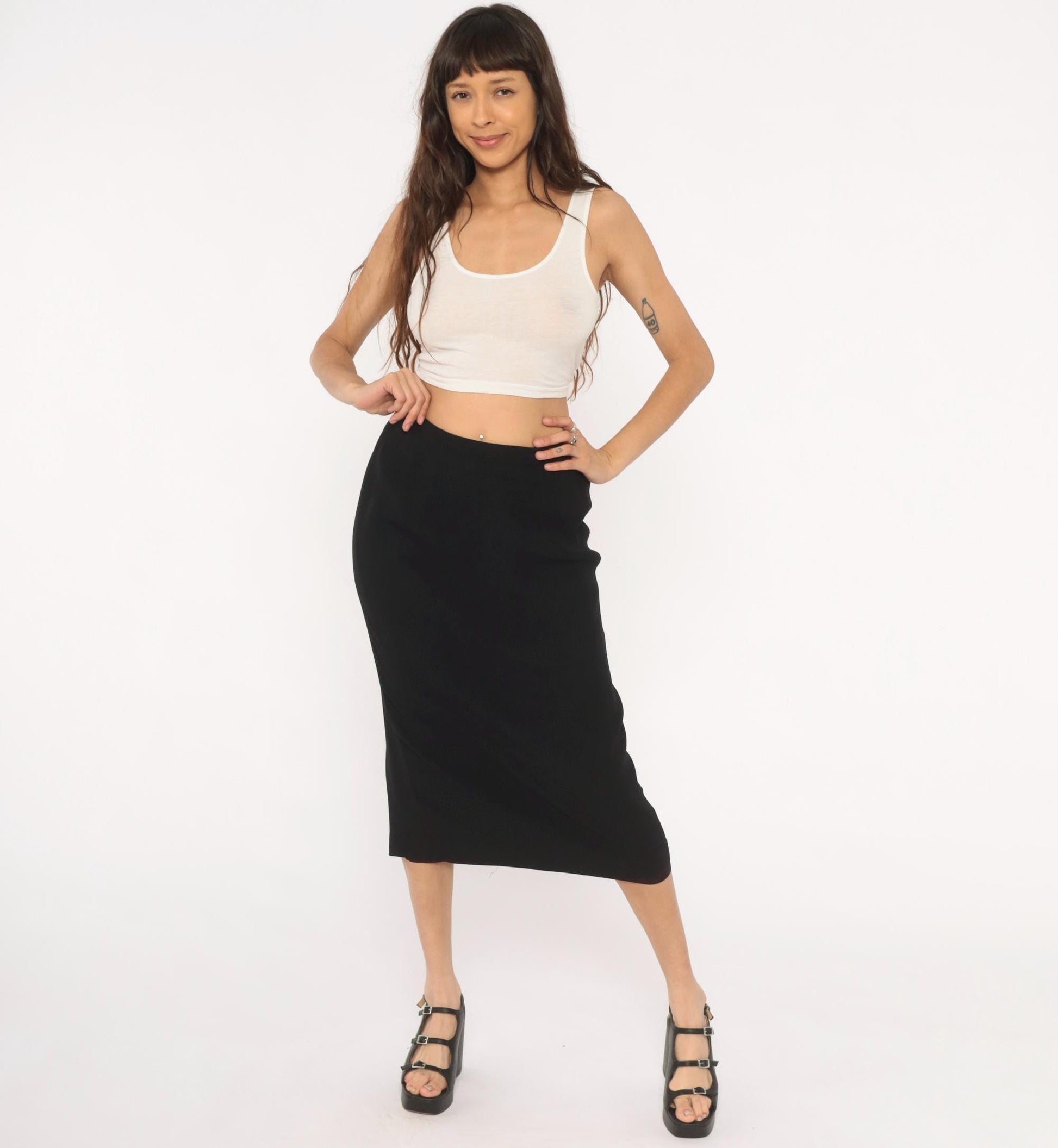 90s Noelle Black Pencil Skirt Midi High Waist Back Zip Small S