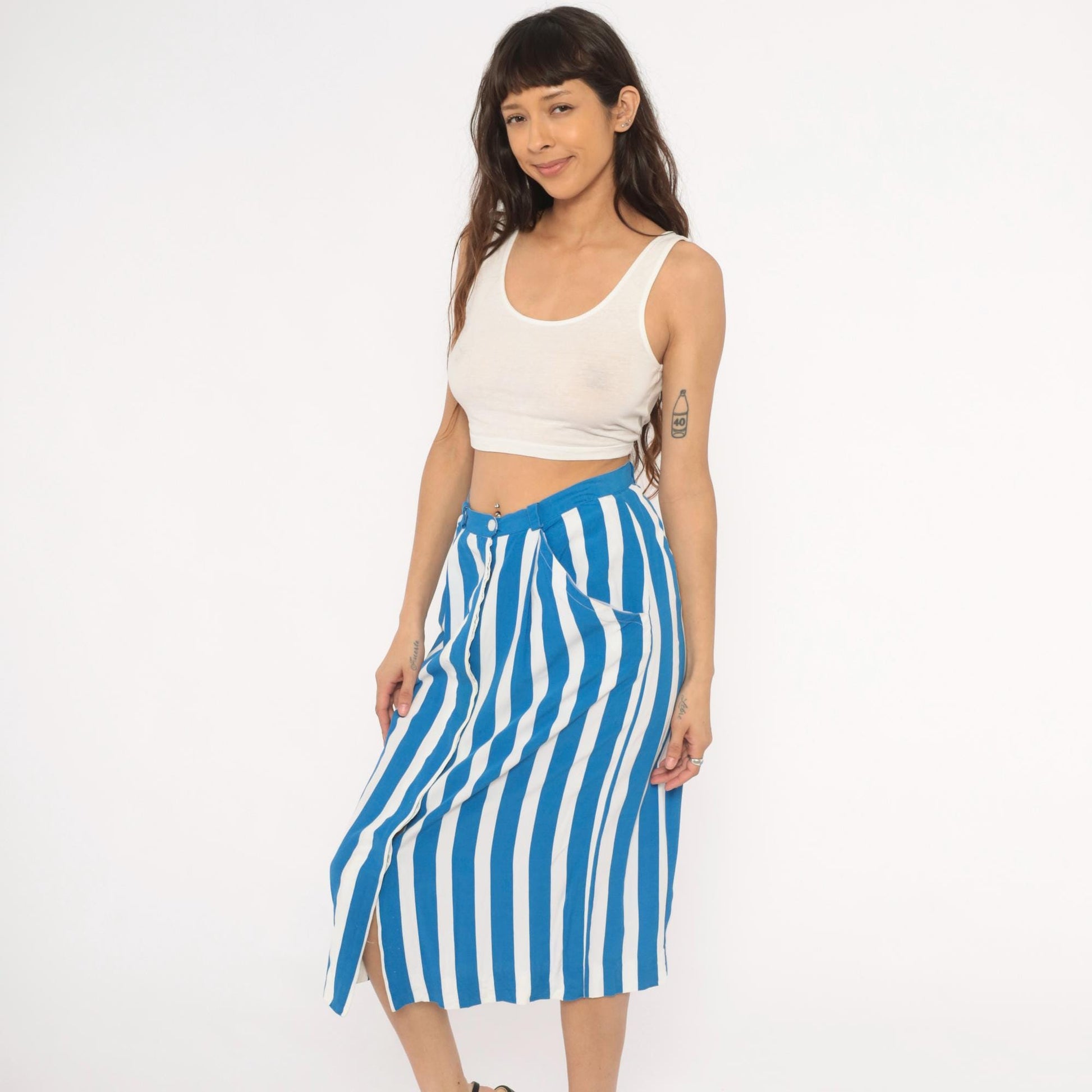90s Jones New York Blue White Striped Midi Skirt High Waist Pockets Medium M