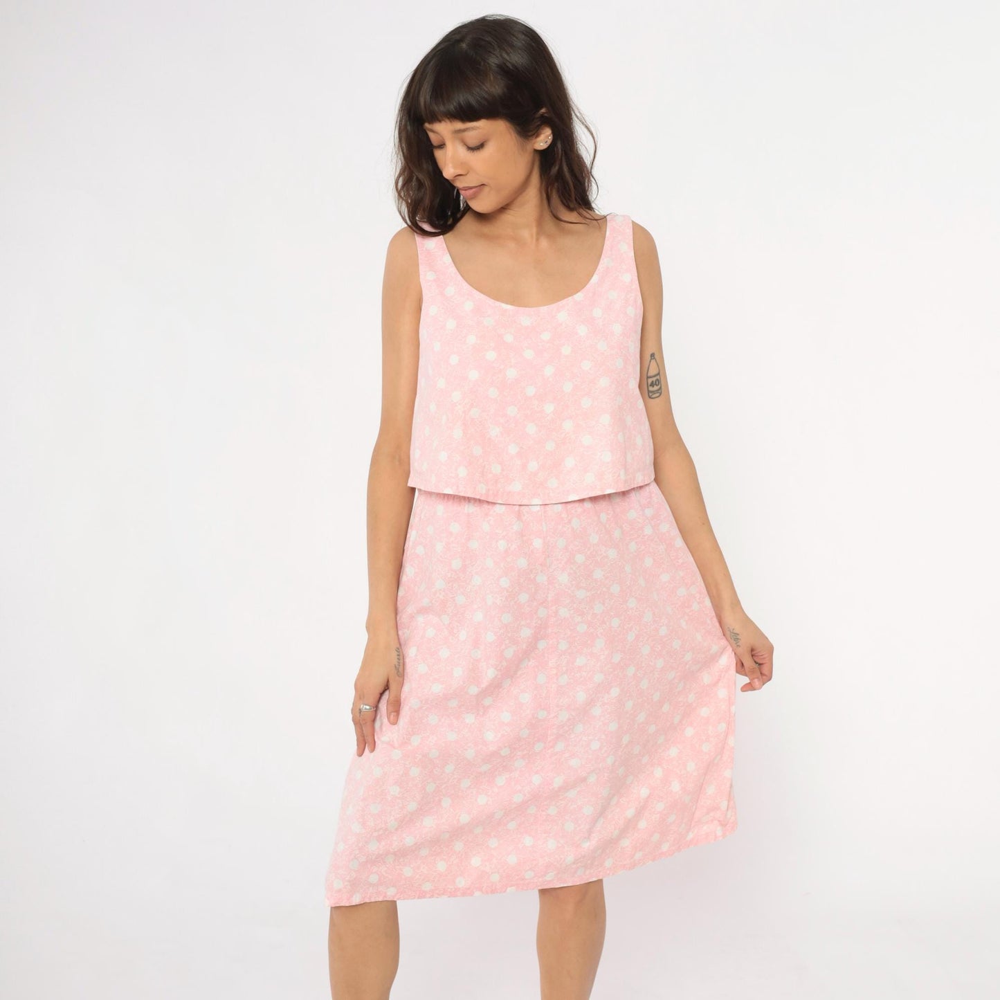 90s Pink Polka Dot Cotton Sundress Sleeveless Scoop Neck Medium M