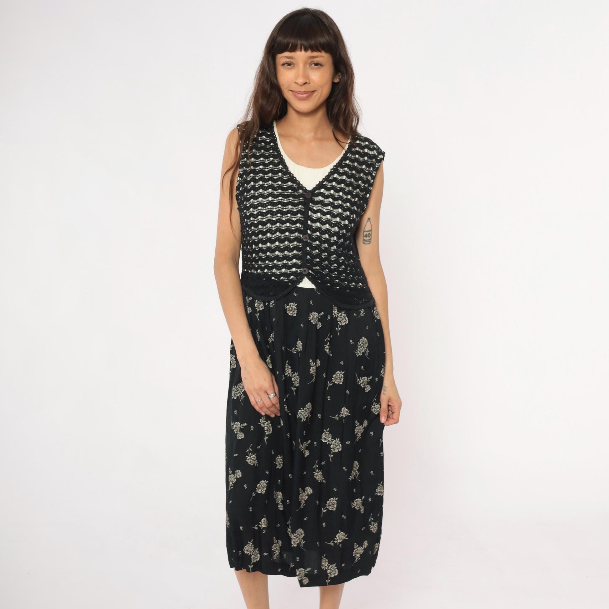 90s Molly Malloy Black Floral Midi Dress with Knit Vest Overlay Small