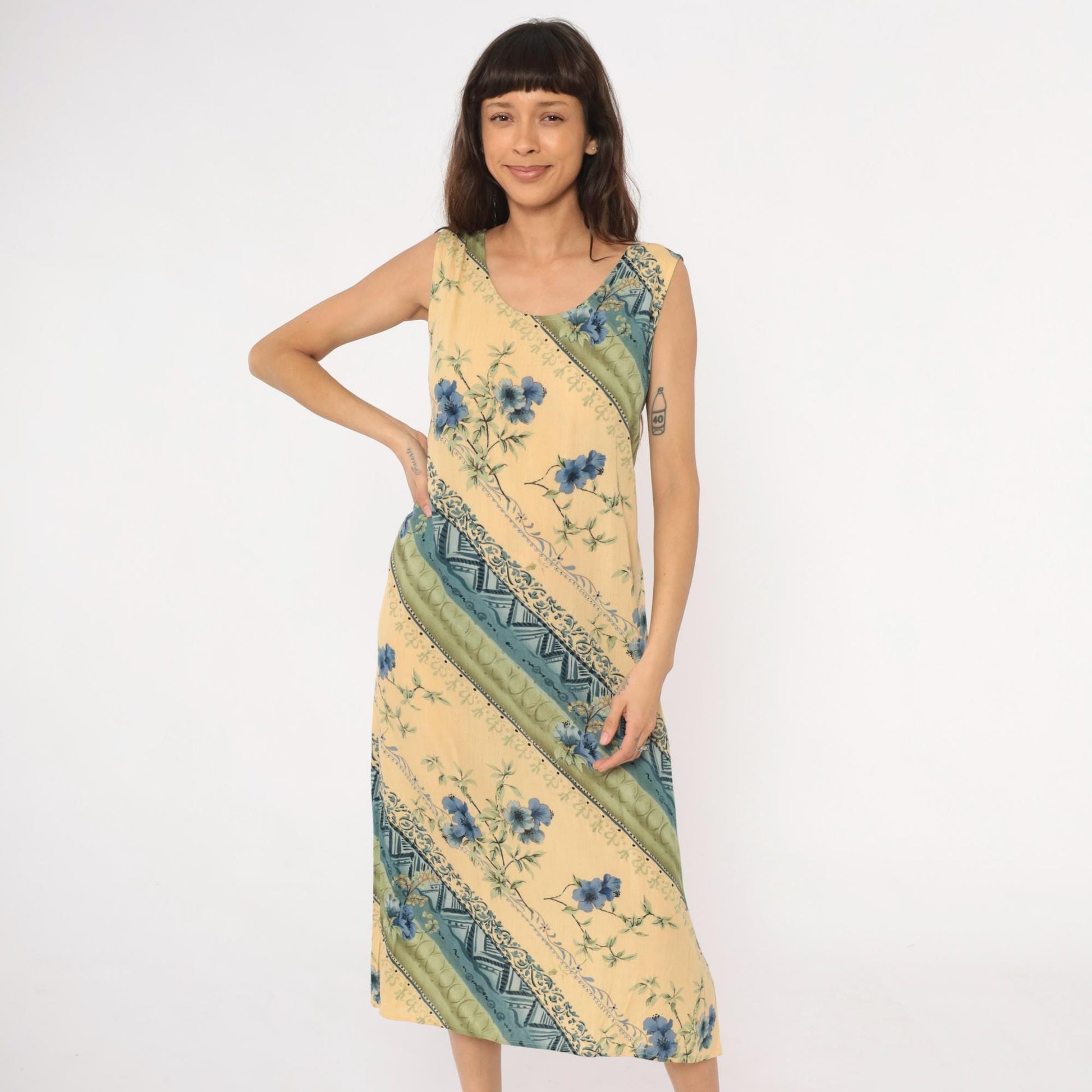 90s R&K Originals Yellow Floral Midi Dress Diagonal Stripe Tie Waist Medium M