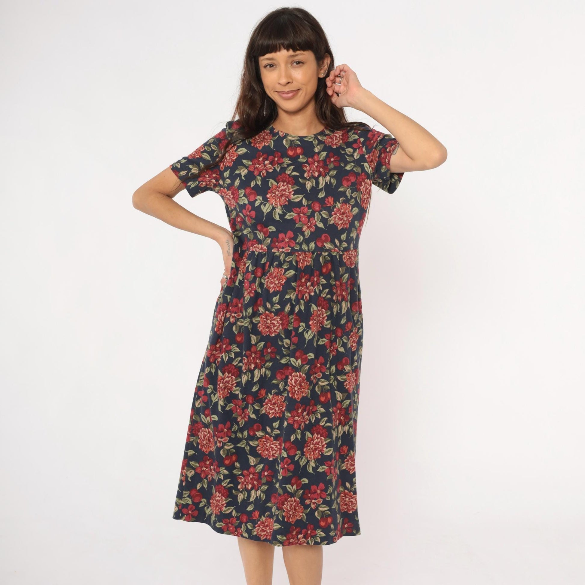 90s Talbots Floral Midi Dress Navy Dahlia Cotton Small