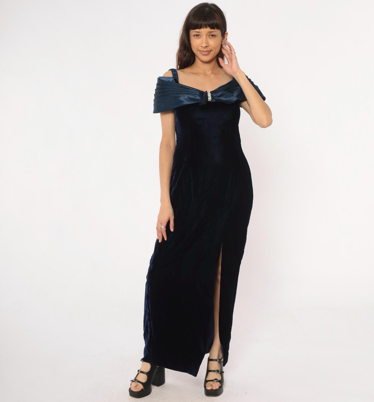 90s Navy Velvet Maxi Dress Off-Shoulder Bow Rhinestone Medium
