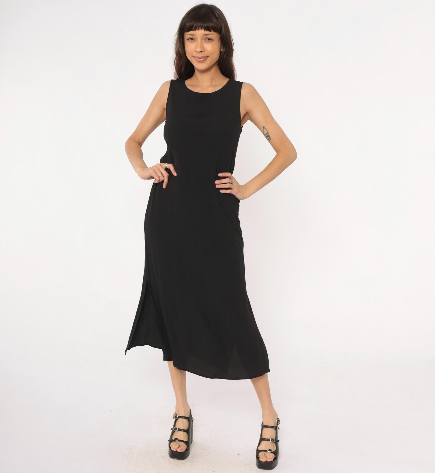 90s Black Maxi Dress Valerie Stevens Petites Sleeveless Column Medium
