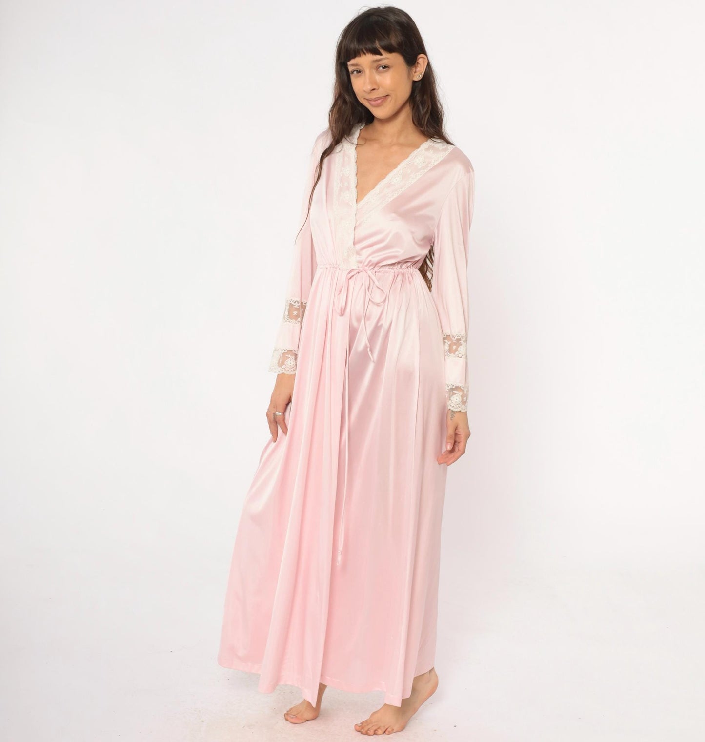 90s Pink Lace Wrap Robe Maxi Long Sleeve Tie Waist Nightgown Medium