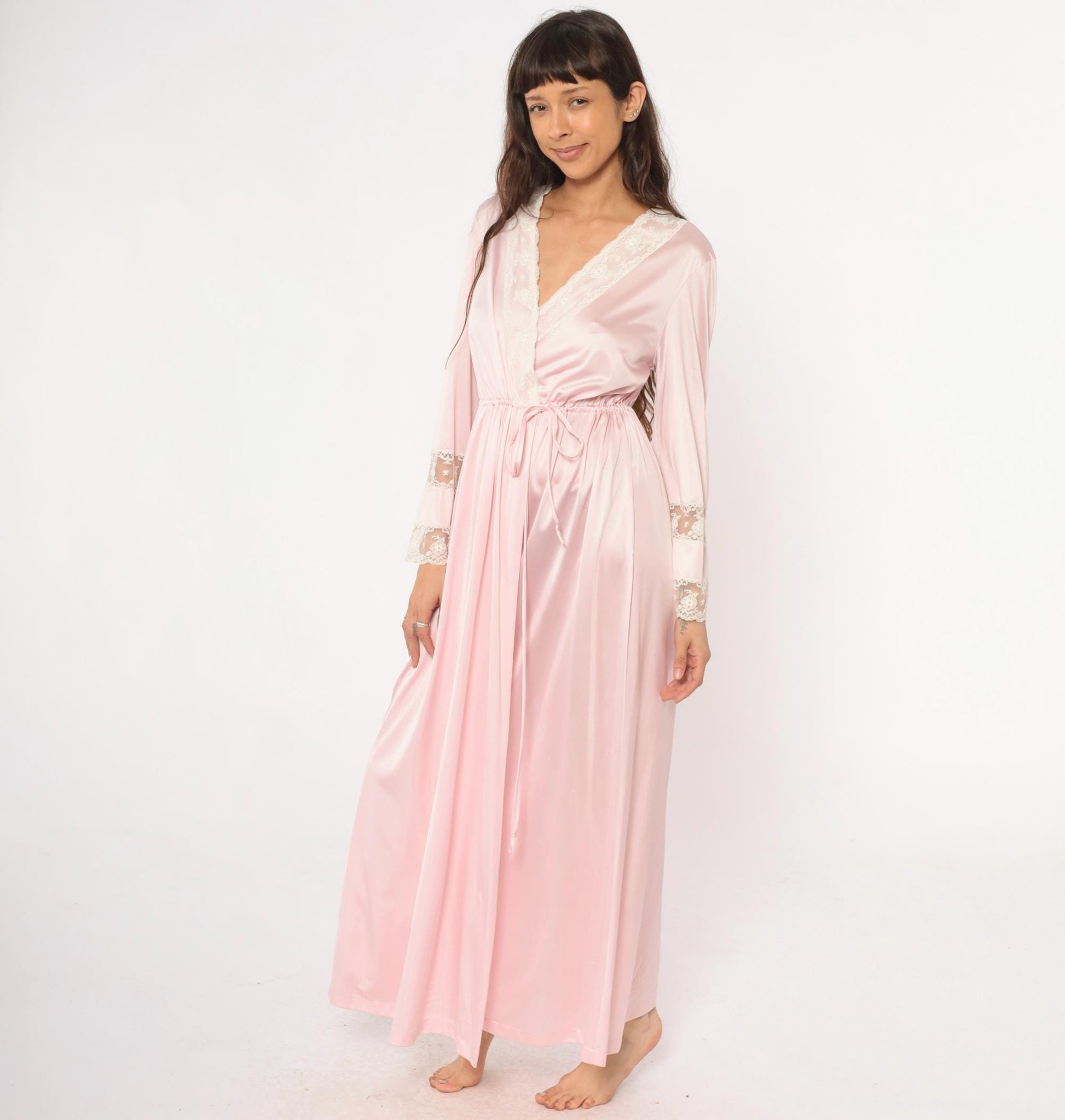 90s Pink Lace Wrap Robe Maxi Long Sleeve Tie Waist Nightgown Medium