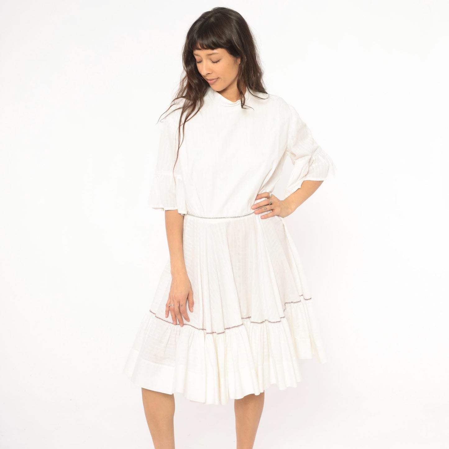 60s Ivory Prairie Dress Tiered Ruffle Bell Sleeve Cotton Knee Length Large L