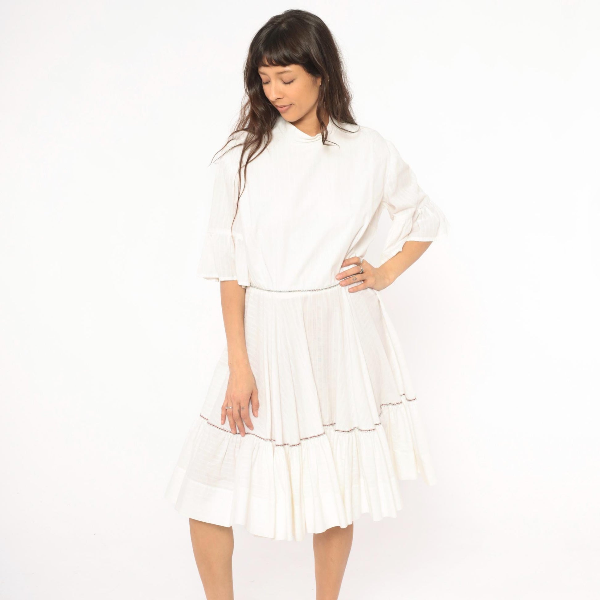 60s Ivory Prairie Dress Tiered Ruffle Bell Sleeve Cotton Knee Length Large L