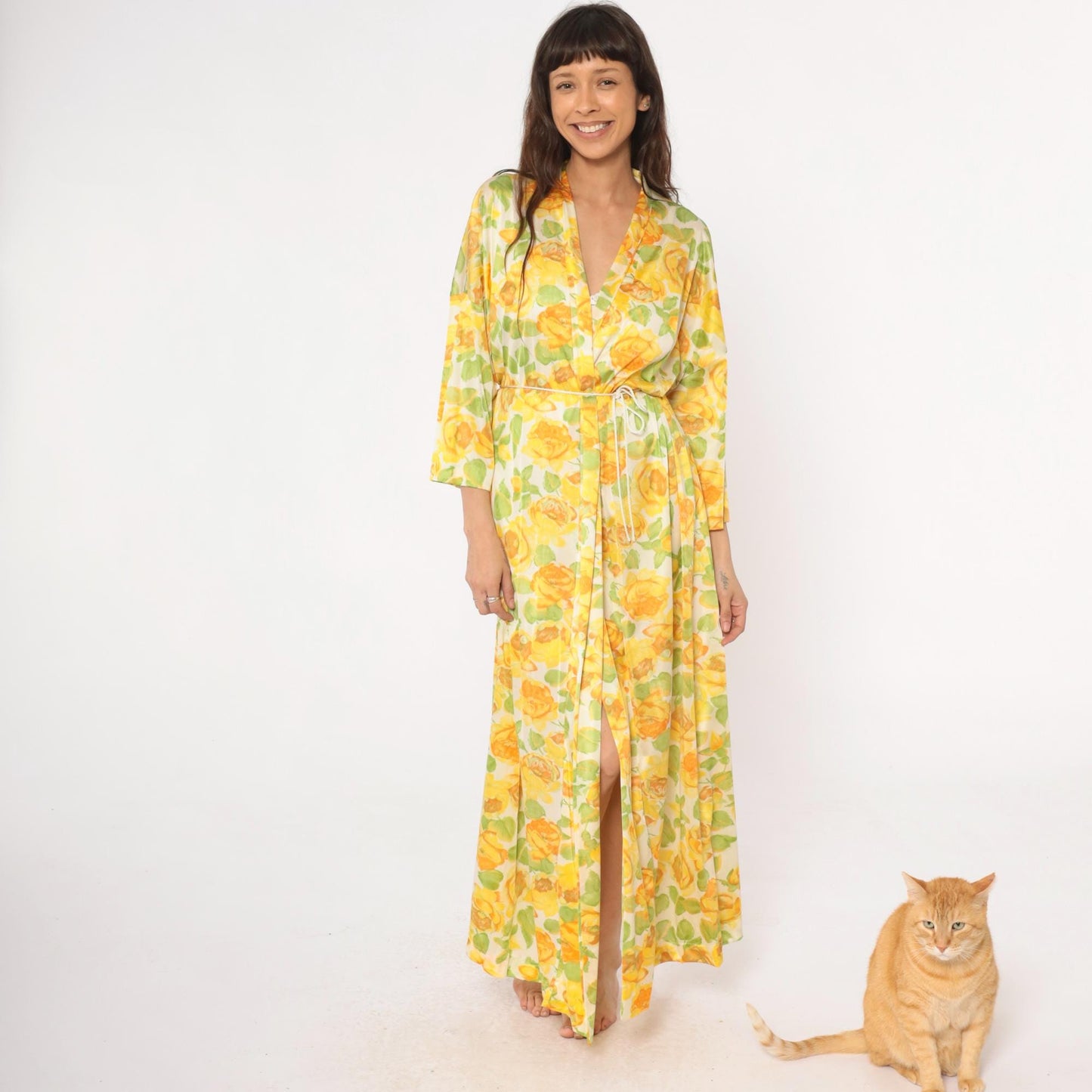80s Vanity Fair Yellow Rose Floral Robe Maxi Duster Shawl Collar Medium