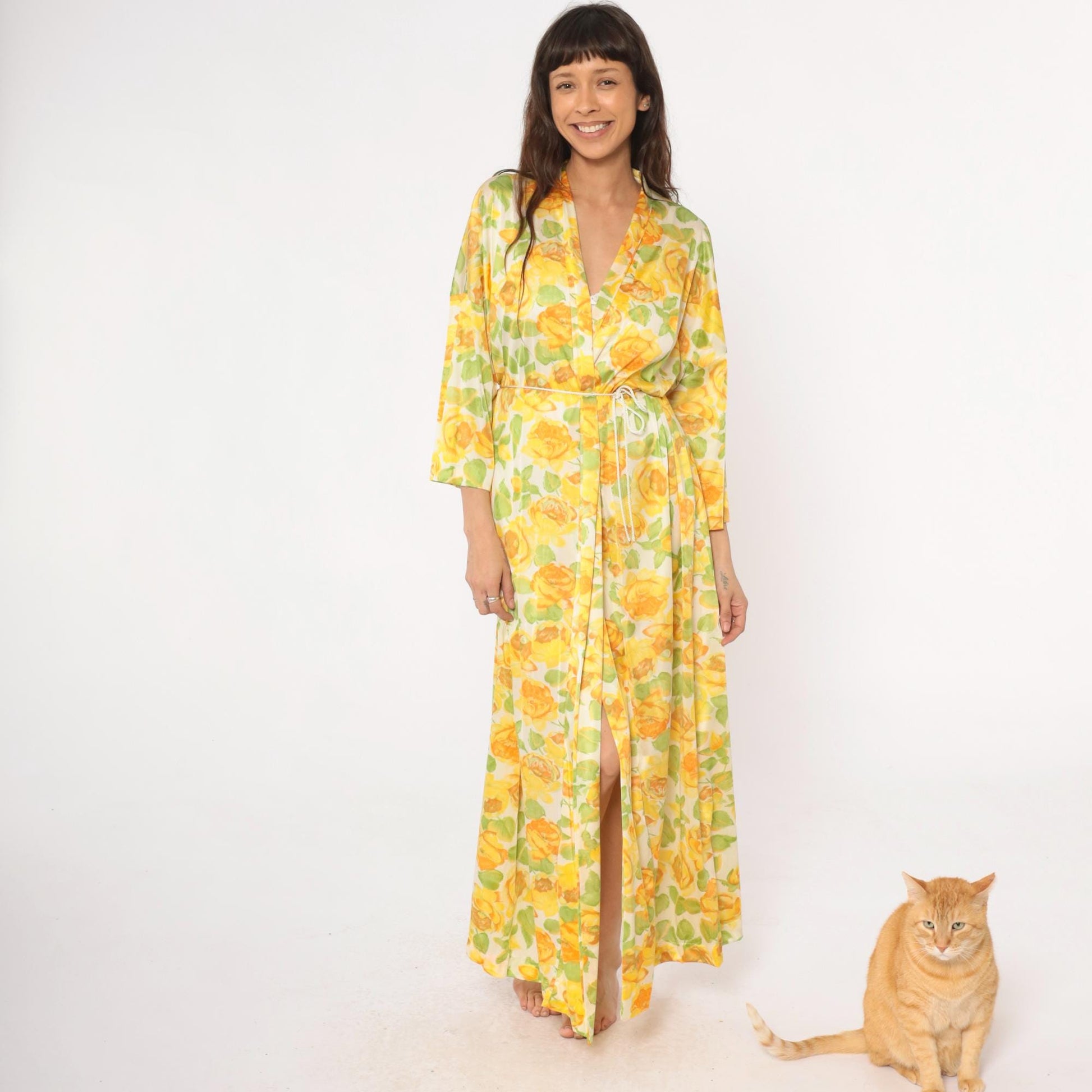 80s Vanity Fair Yellow Rose Floral Robe Maxi Duster Shawl Collar Medium