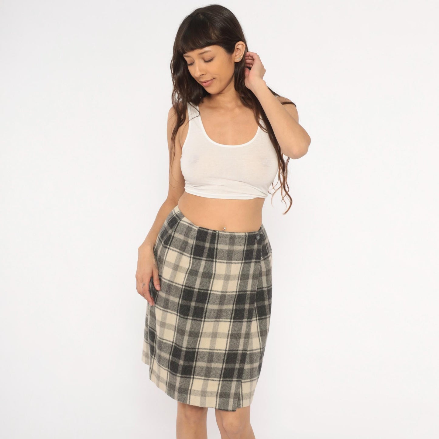 2000s Lands End Plaid Wool Mini Skirt Charcoal Cream Wrap Front Medium M