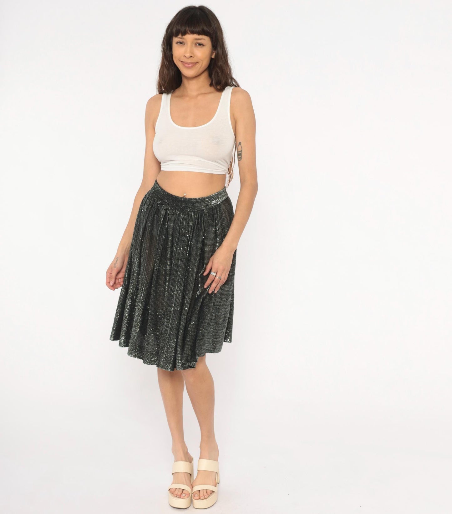 90s Black Silver Metallic Gathered Skirt Knee-Length Shimmer Small S