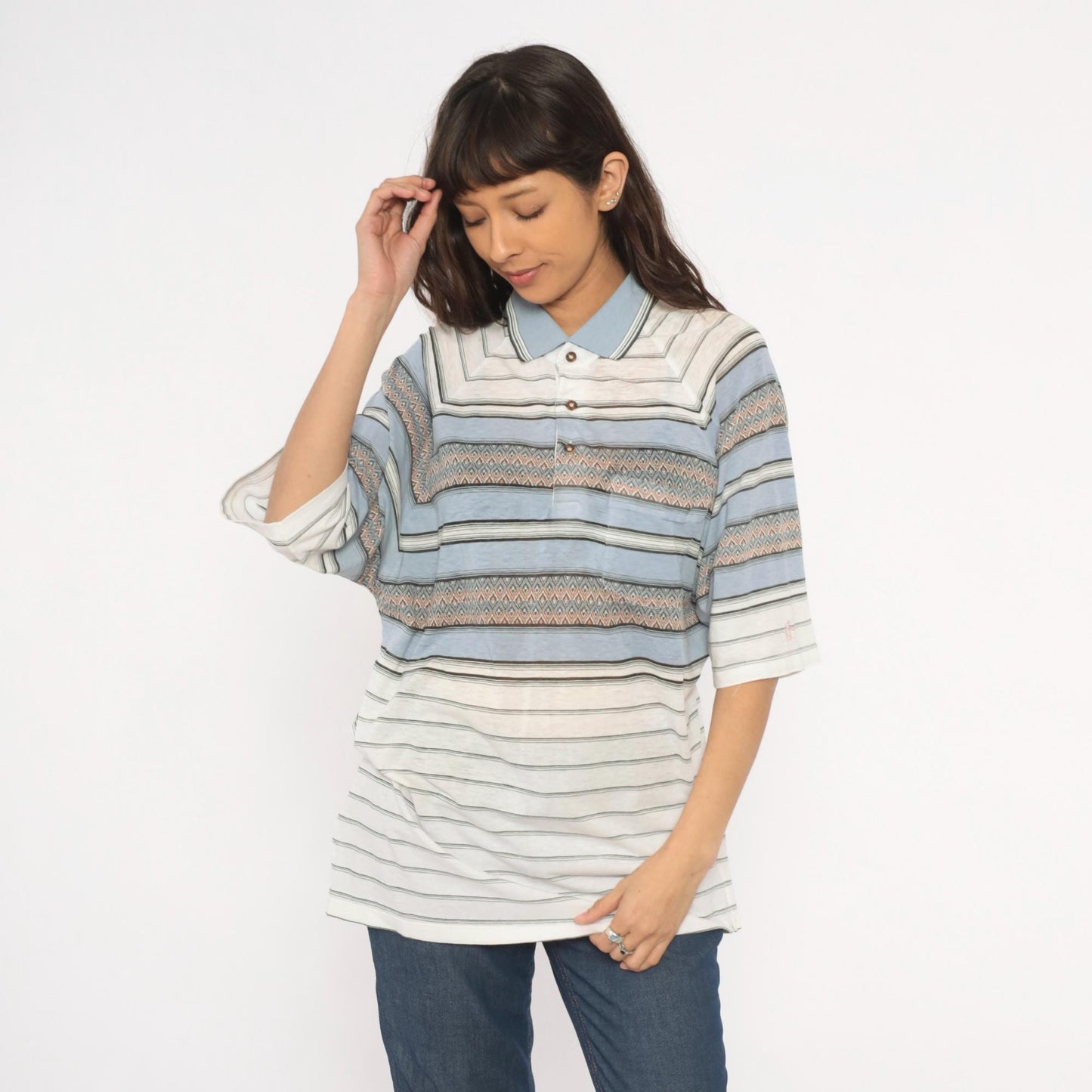 80s Grand Slam Southwestern Polo Striped Knit Diamond Jacquard Sky Blue Large L