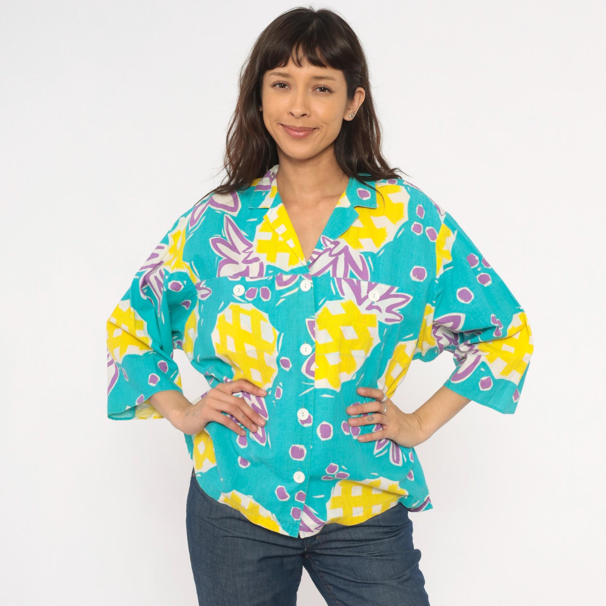 90s Young Hawaii Pineapple Print Blouse Teal Yellow V-Neck Large L