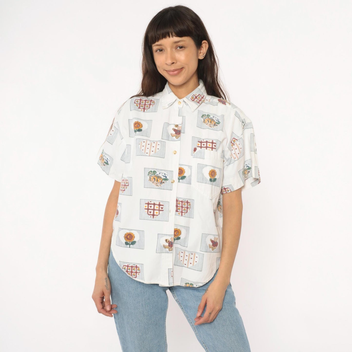 90s Cream Cotton Button-Up Shirt Sunflower Teddy Bear Heart Print Large L