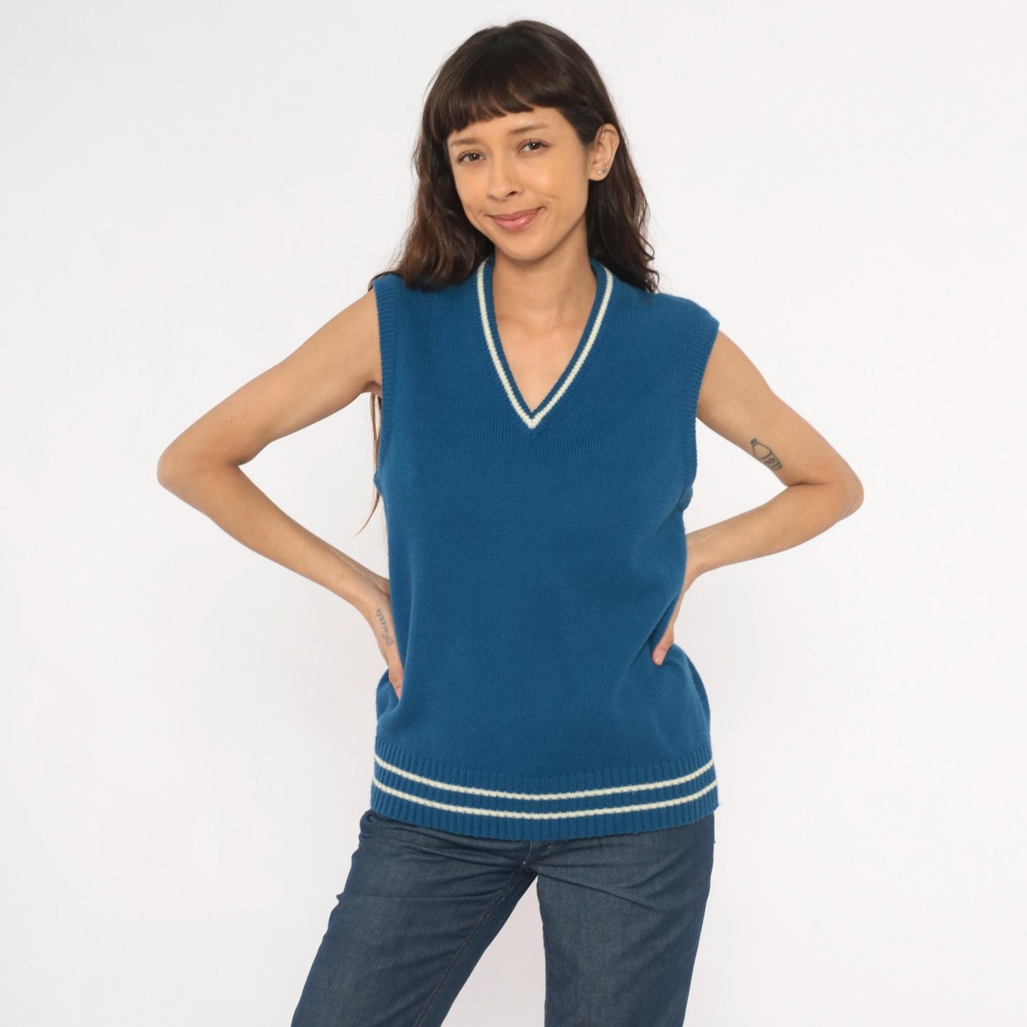 80s VIP Blue Knit Sweater Vest V-Neck Striped Trim Cricket Style Large