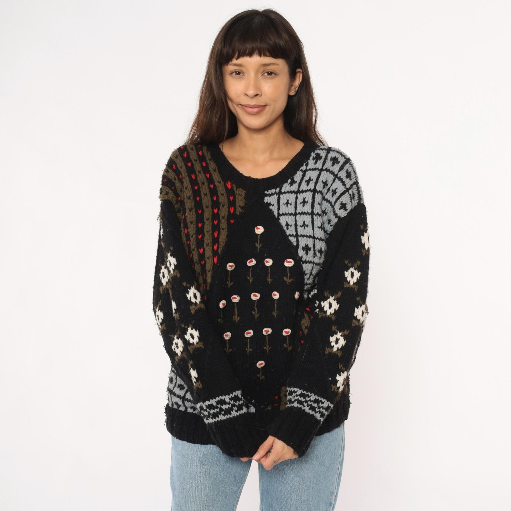 80s Midnight Blues Patchwork Knit Sweater Black Geometric Floral Small