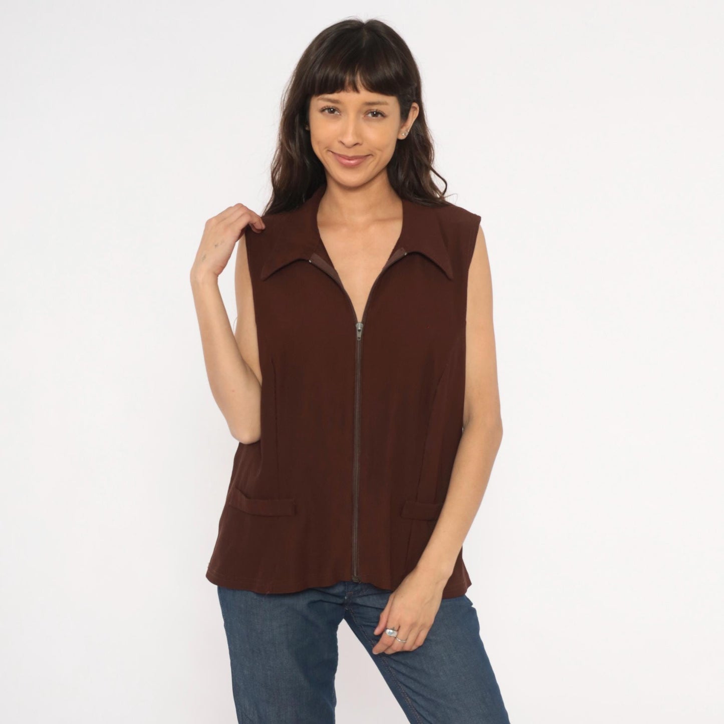 90s New Woman Brown Ribbed Knit Vest Pointed Collar Zip-Front Extra Large XL