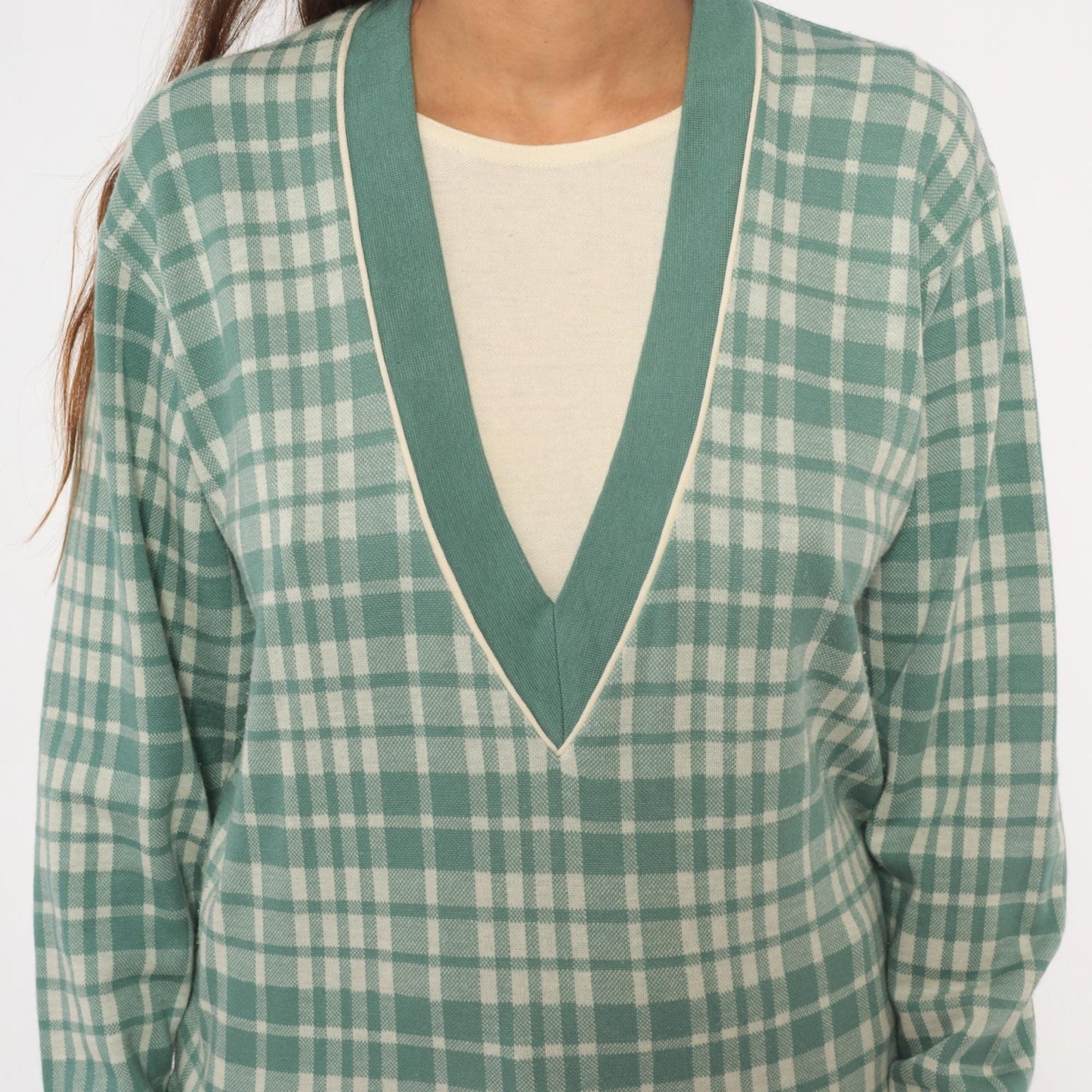 80s Cathy Daniels Green Plaid V-Neck Pullover Sage Ribbed Trim Small