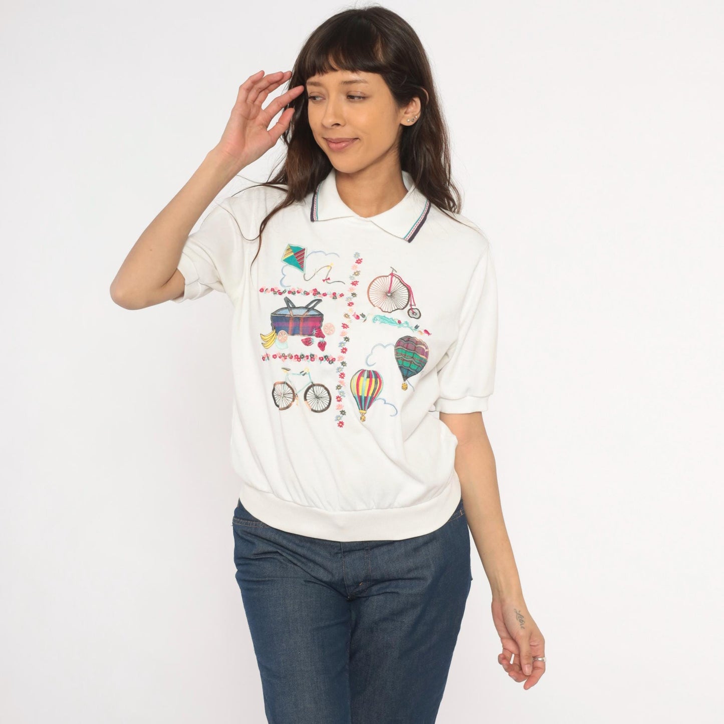 Alfred Dunner 80s Embroidered Polo Shirt Hot Air Balloon Bicycle White Petite Medium