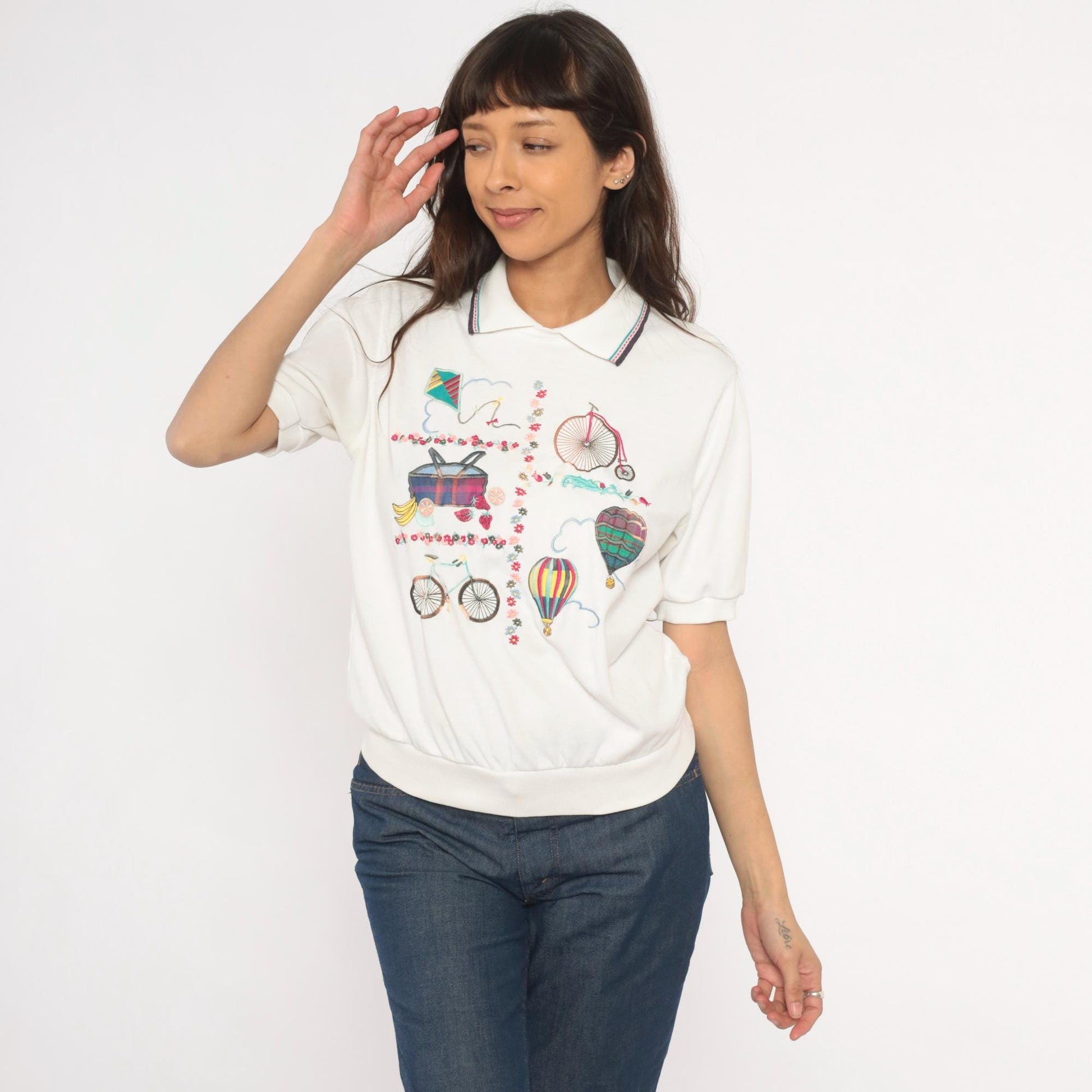 Alfred Dunner 80s Embroidered Polo Shirt Hot Air Balloon Bicycle White Petite Medium