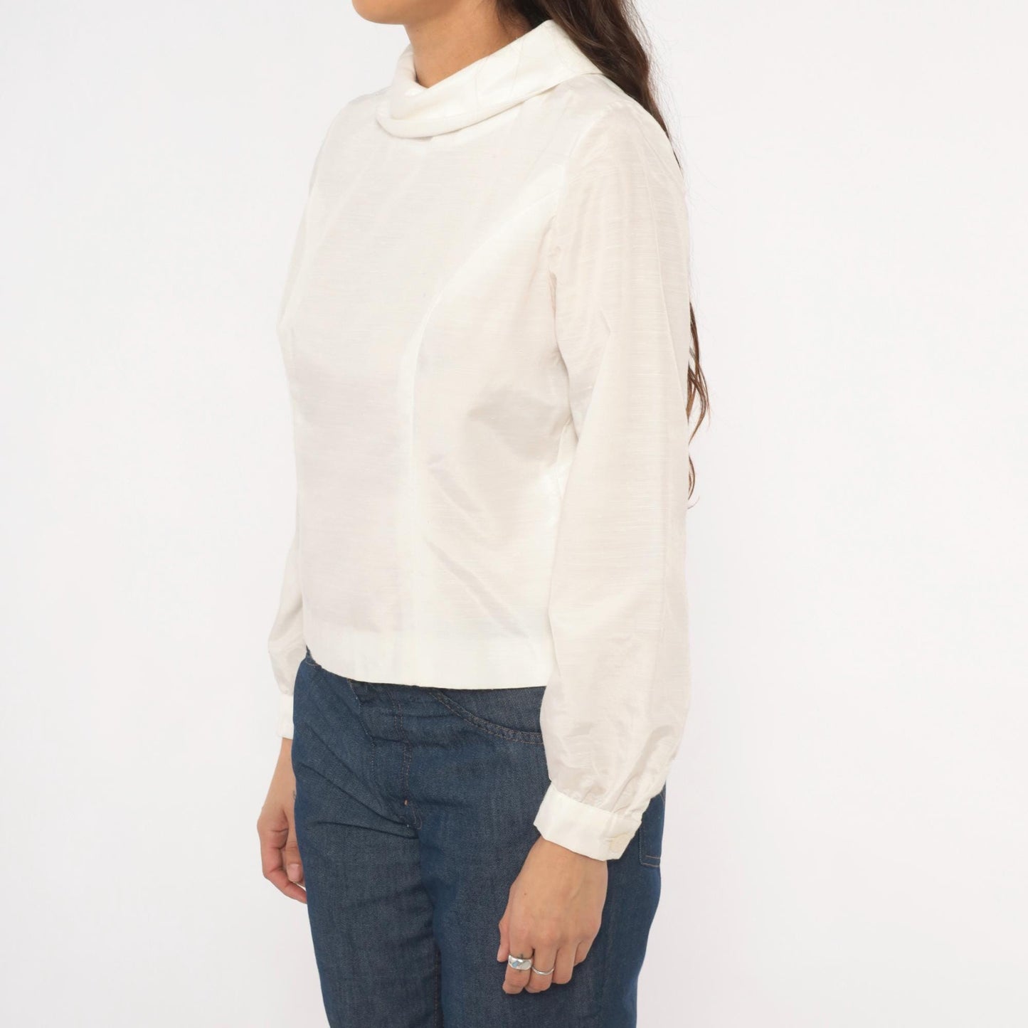 70s Cream Cowl Neck Blouse Balloon Sleeve Back Button Cropped Top Medium M