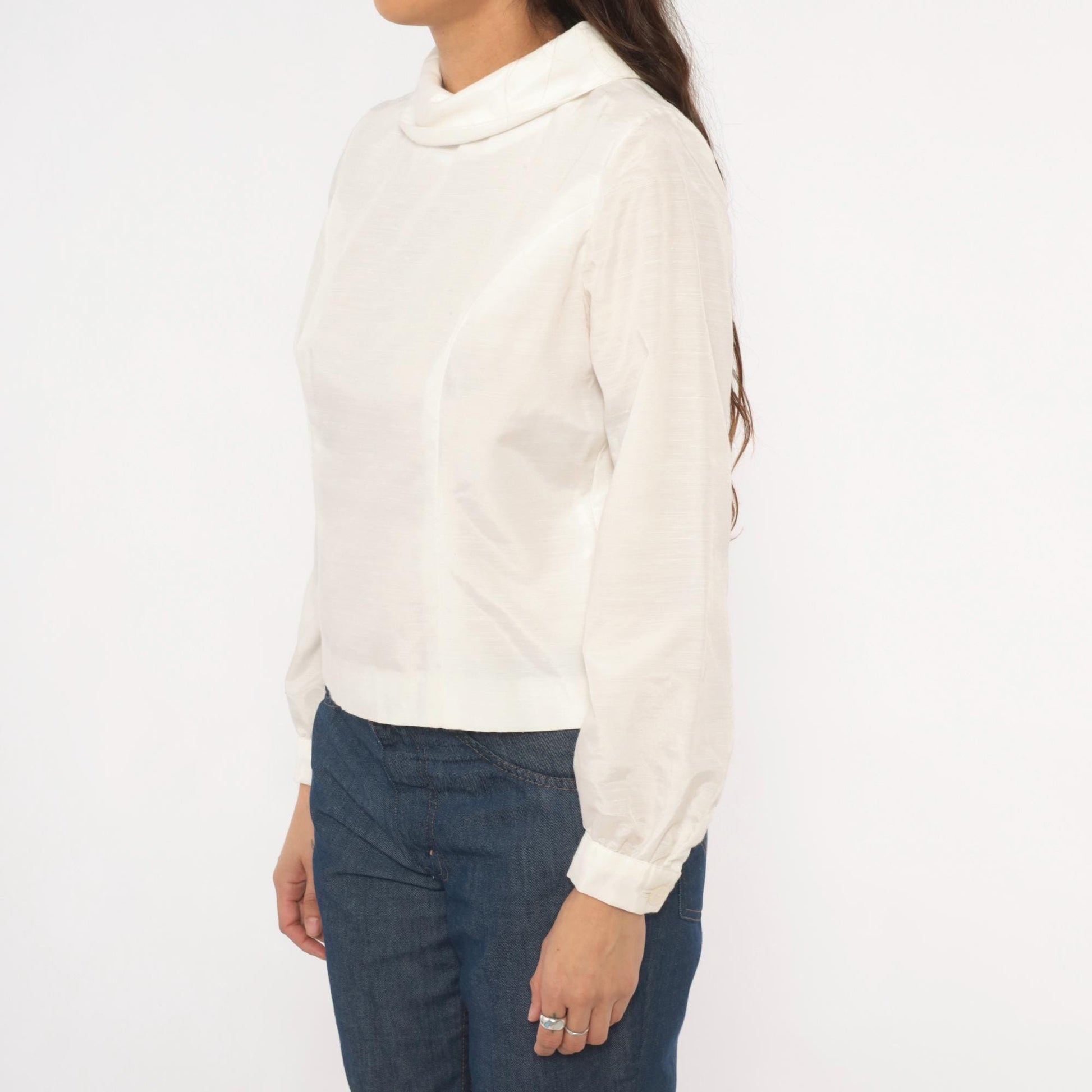 70s Cream Cowl Neck Blouse Balloon Sleeve Back Button Cropped Top Medium M