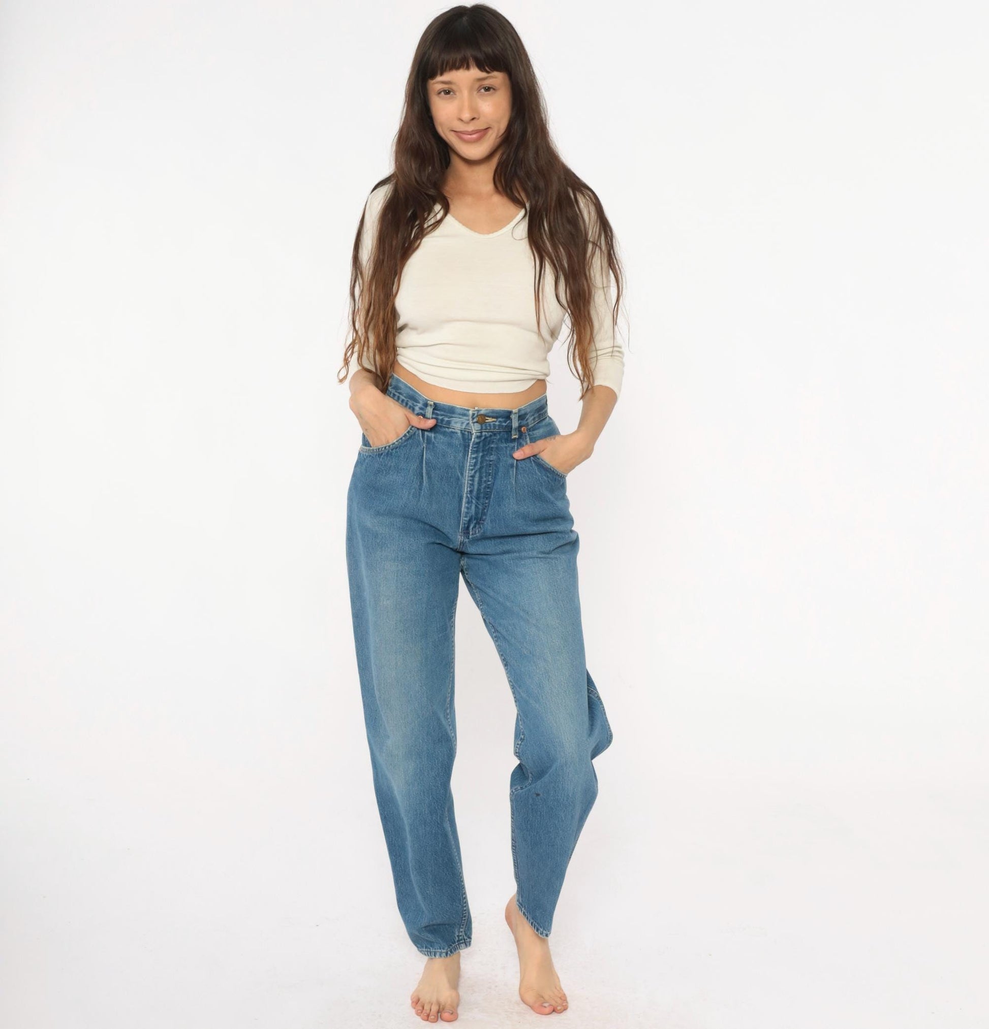 80s Lee High-Waist Denim Jeans Light Blue Tapered Small