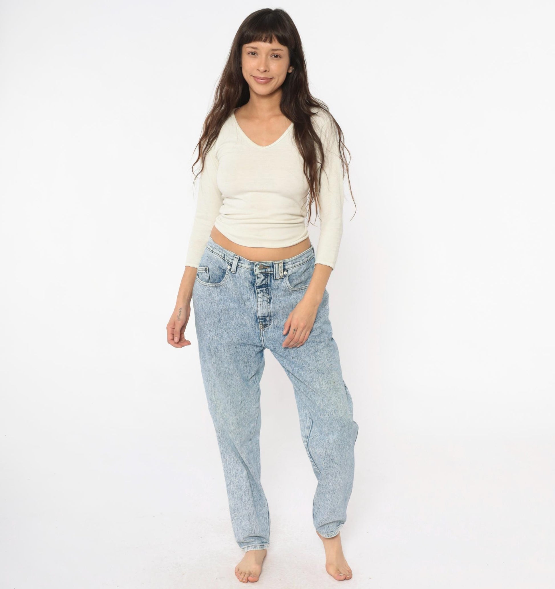 90s Sasson Acid Wash High-Waisted Straight Leg Jeans Light Blue Large