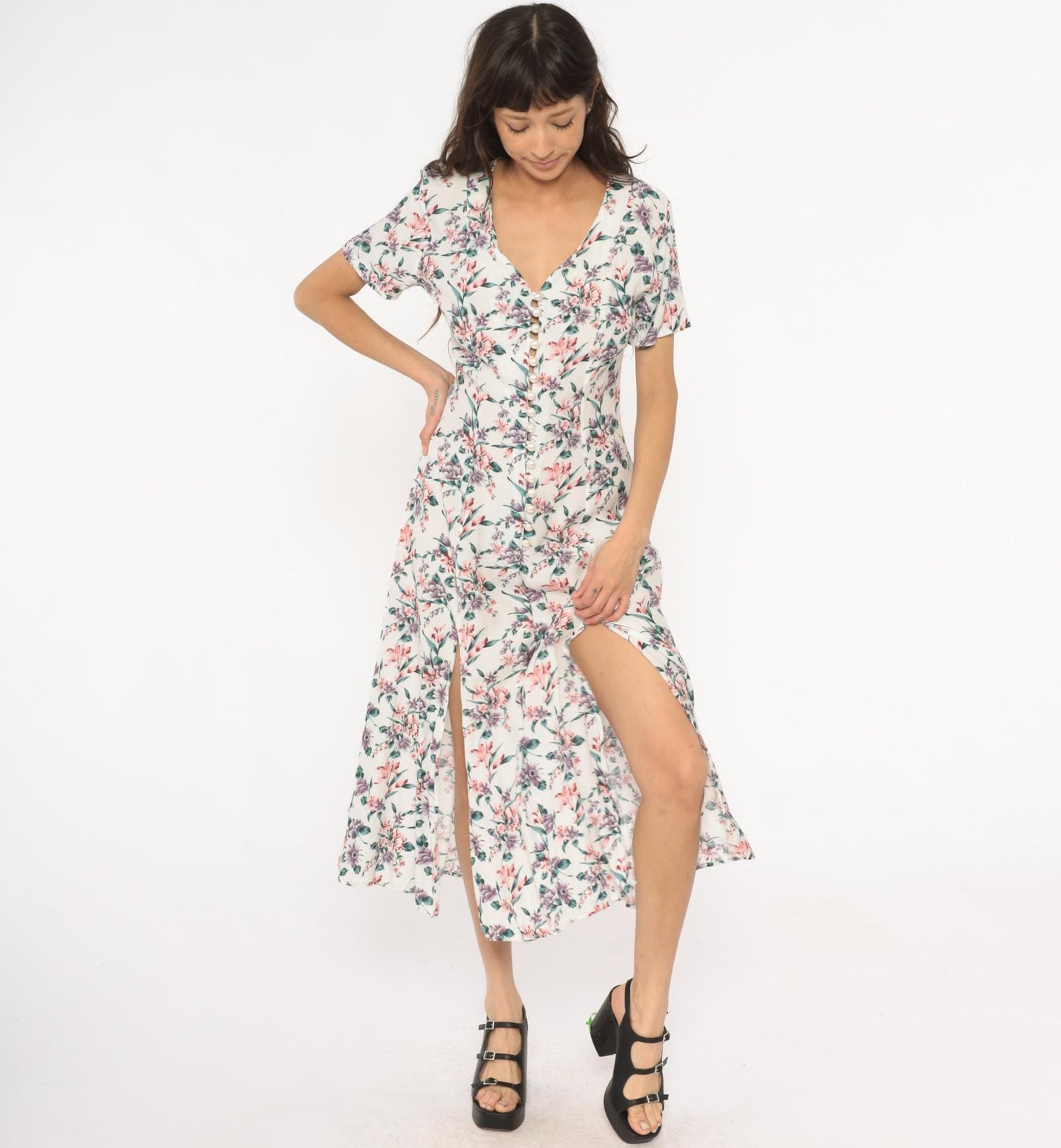 90s Floral Midi Dress Cream Rayon V-Neck Short Sleeve Front Slit Small