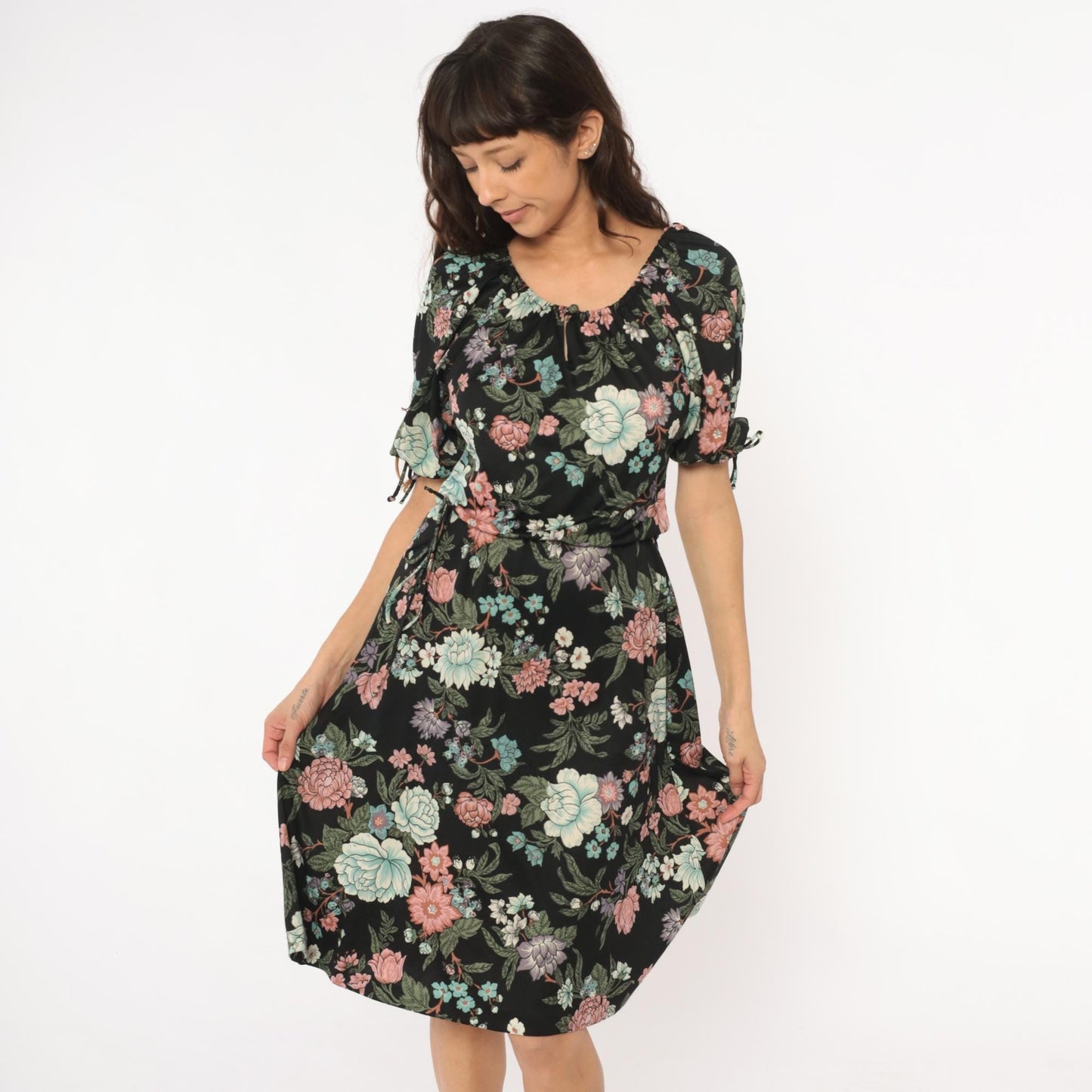 70s Black Floral Midi Dress Mint Pink Coral Tie Sleeve Small