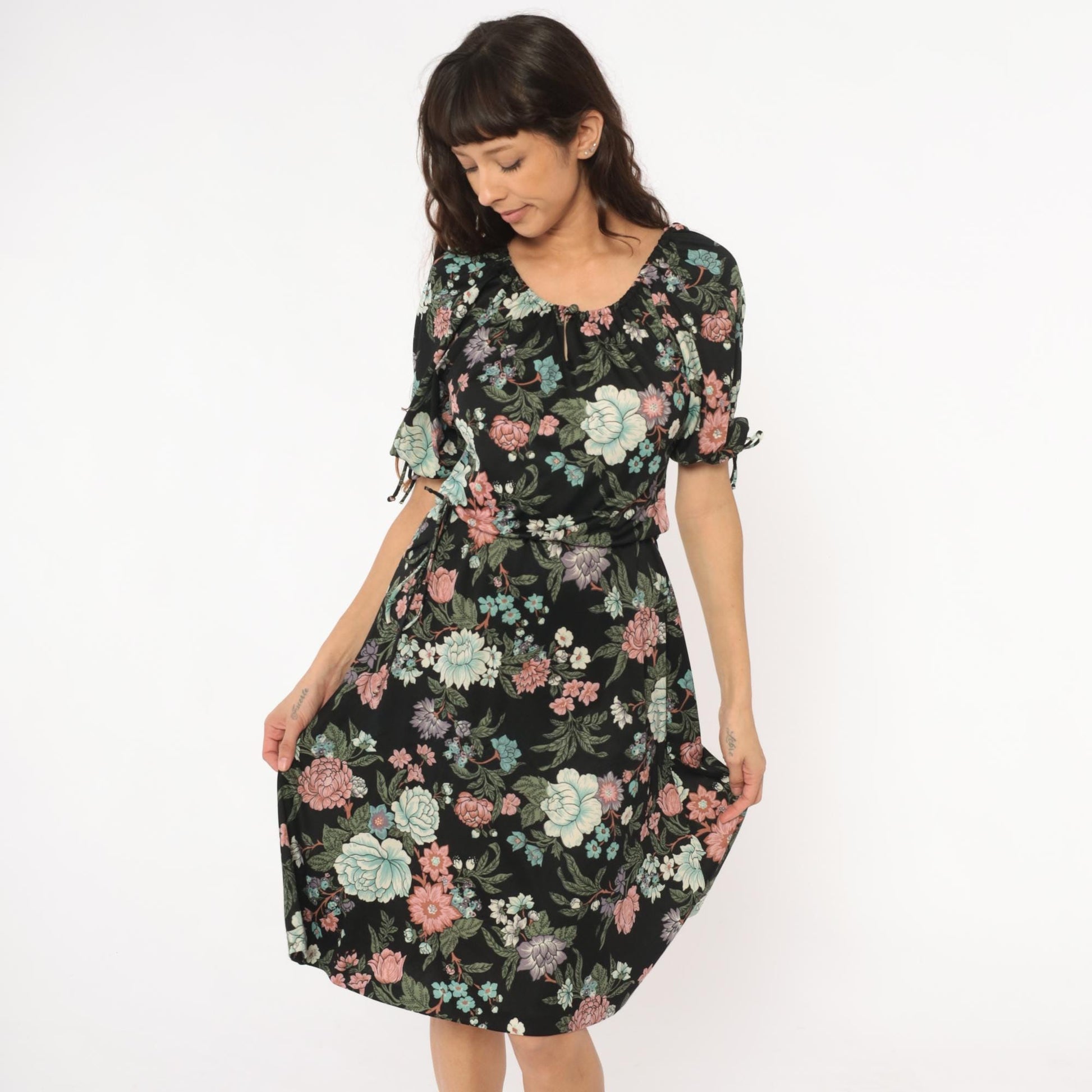 70s Black Floral Midi Dress Mint Pink Coral Tie Sleeve Small