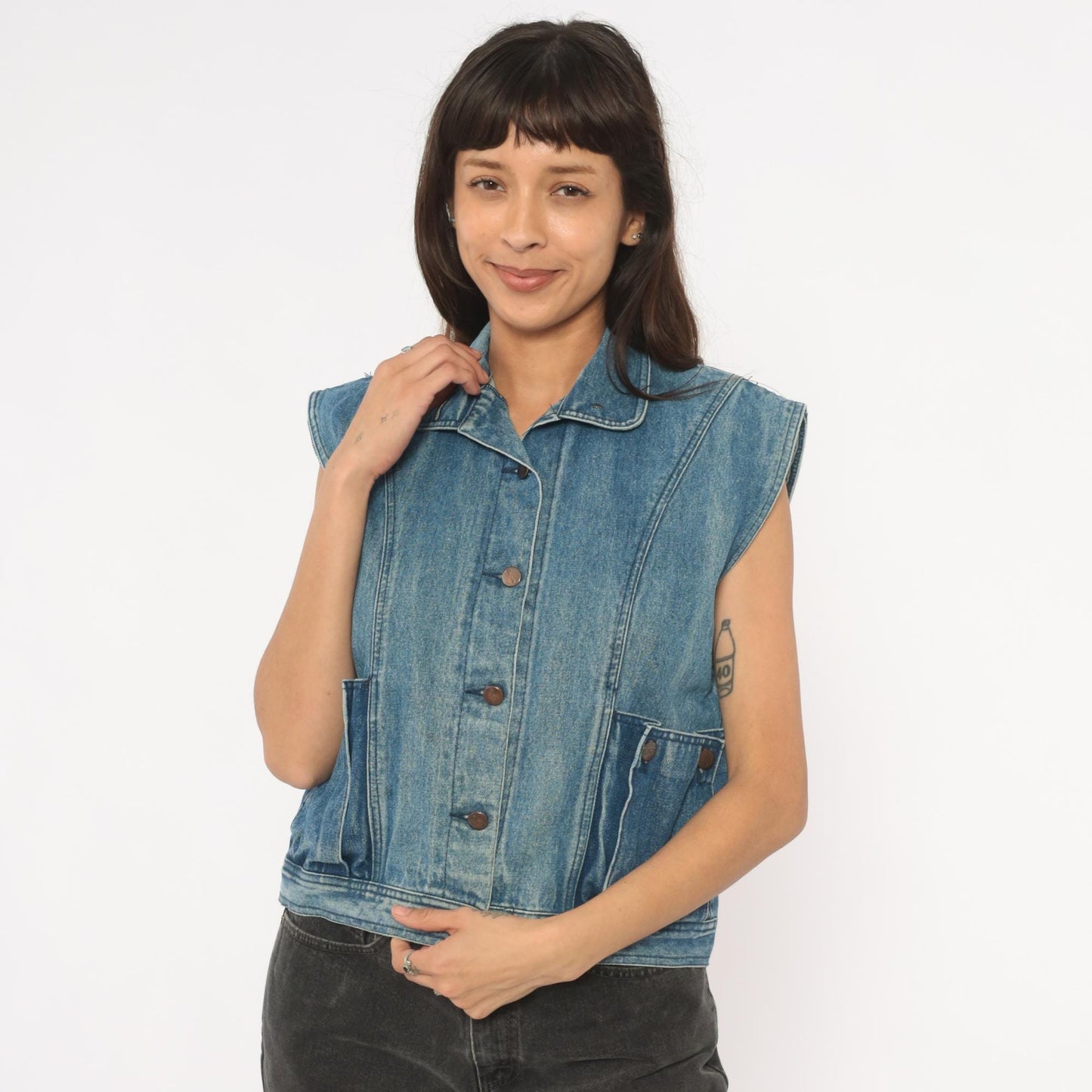 80s Mais Oui Denim Vest Pointed Collar Crop Blue Medium M