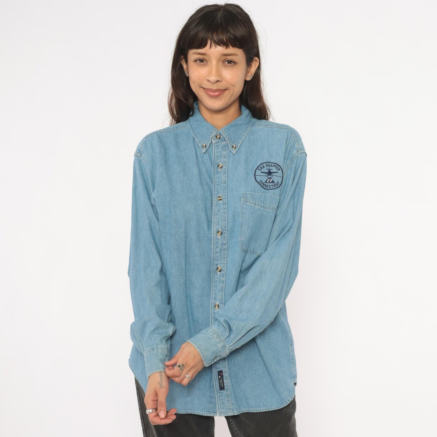 2000s Port and Company Aviation Patch Denim Shirt Light Wash Blue Medium M