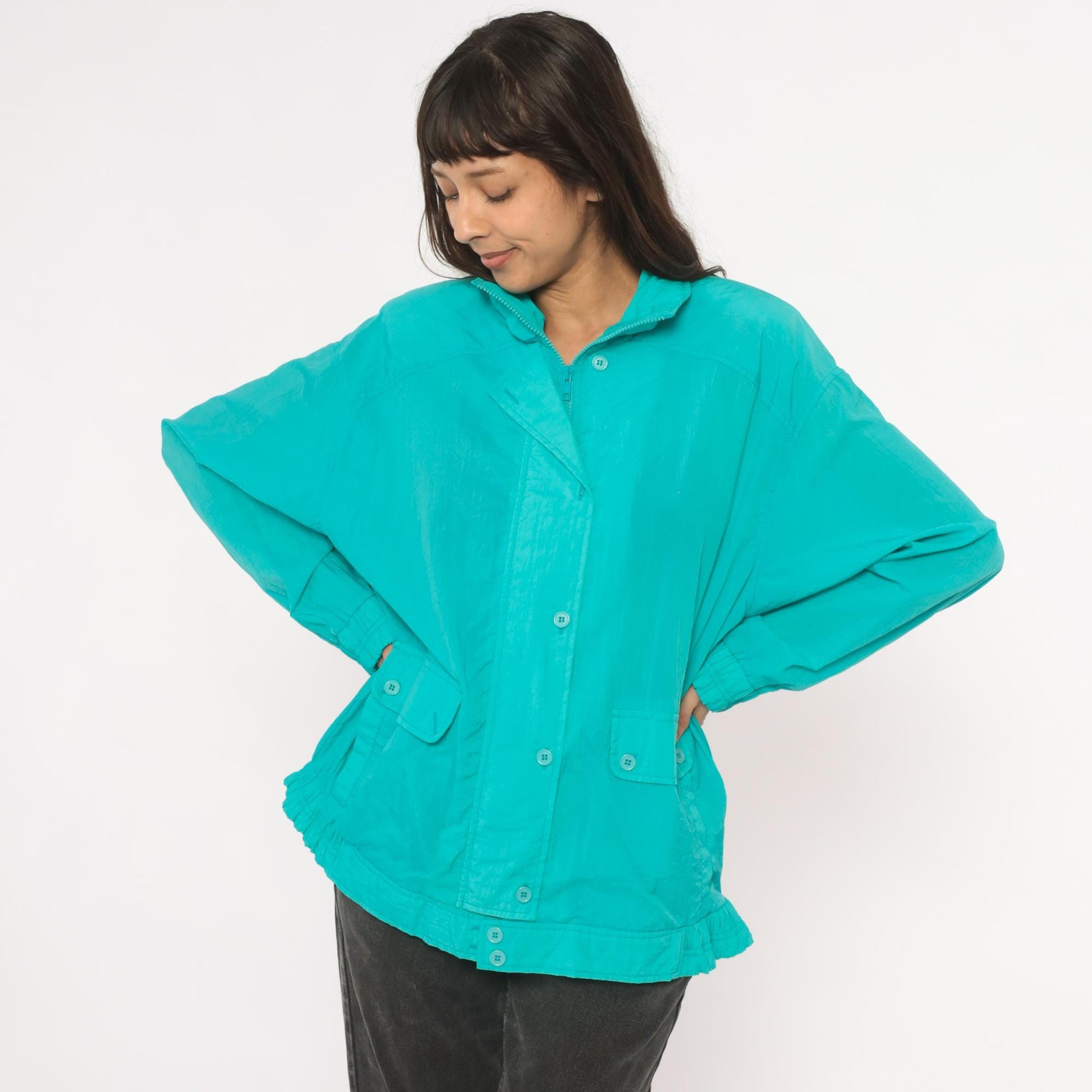 90s Koret Francisca Teal Windbreaker Jacket Raglan Snap Placket Large L