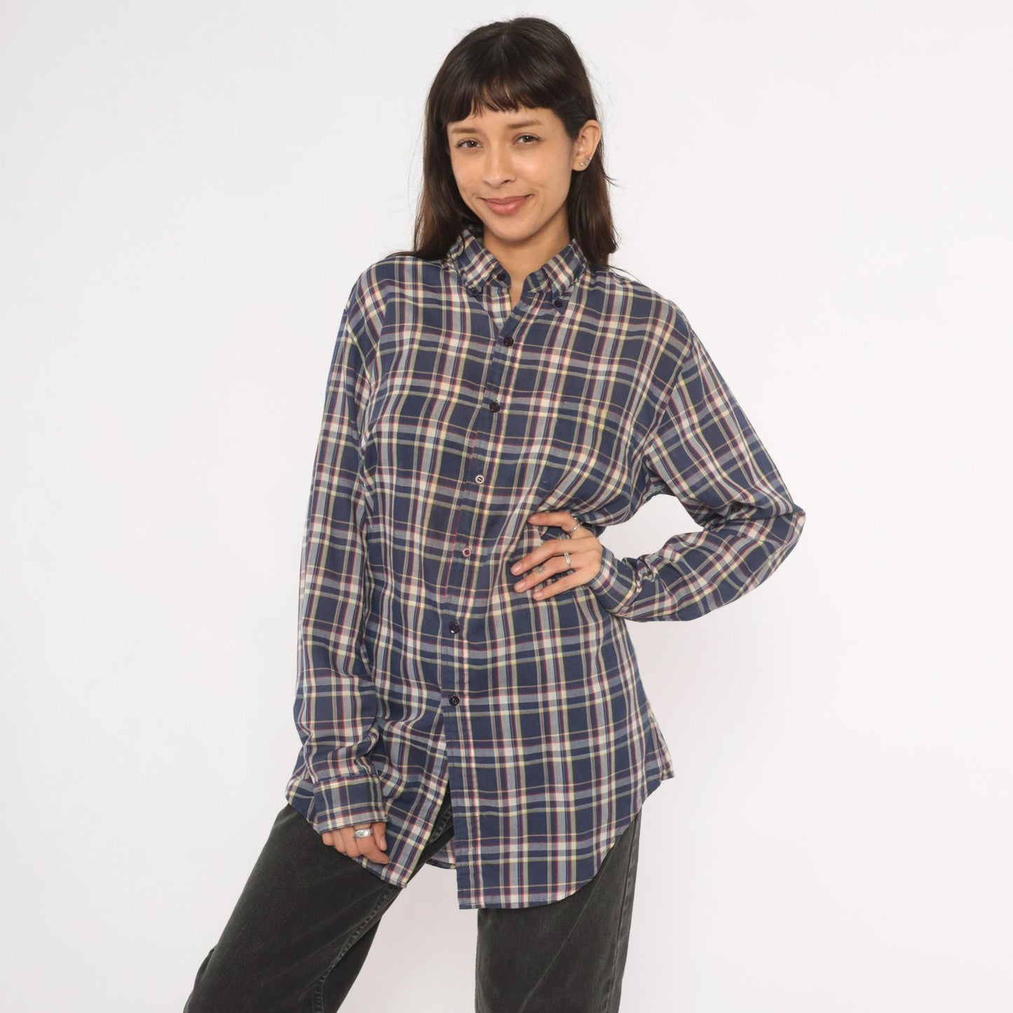 80s Men's Store Plaid Flannel Shirt Navy Blue Red Check Button Front Medium