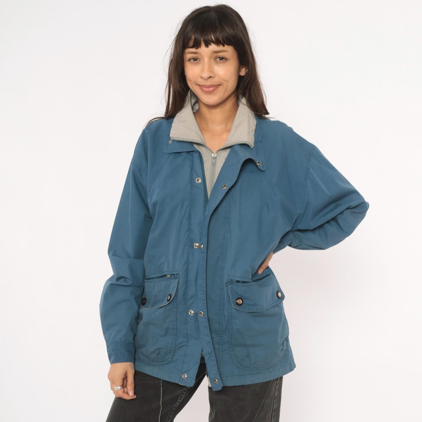 80s Whitefish Bay Slate Blue Field Jacket Grey Lined Utility Coat Small S