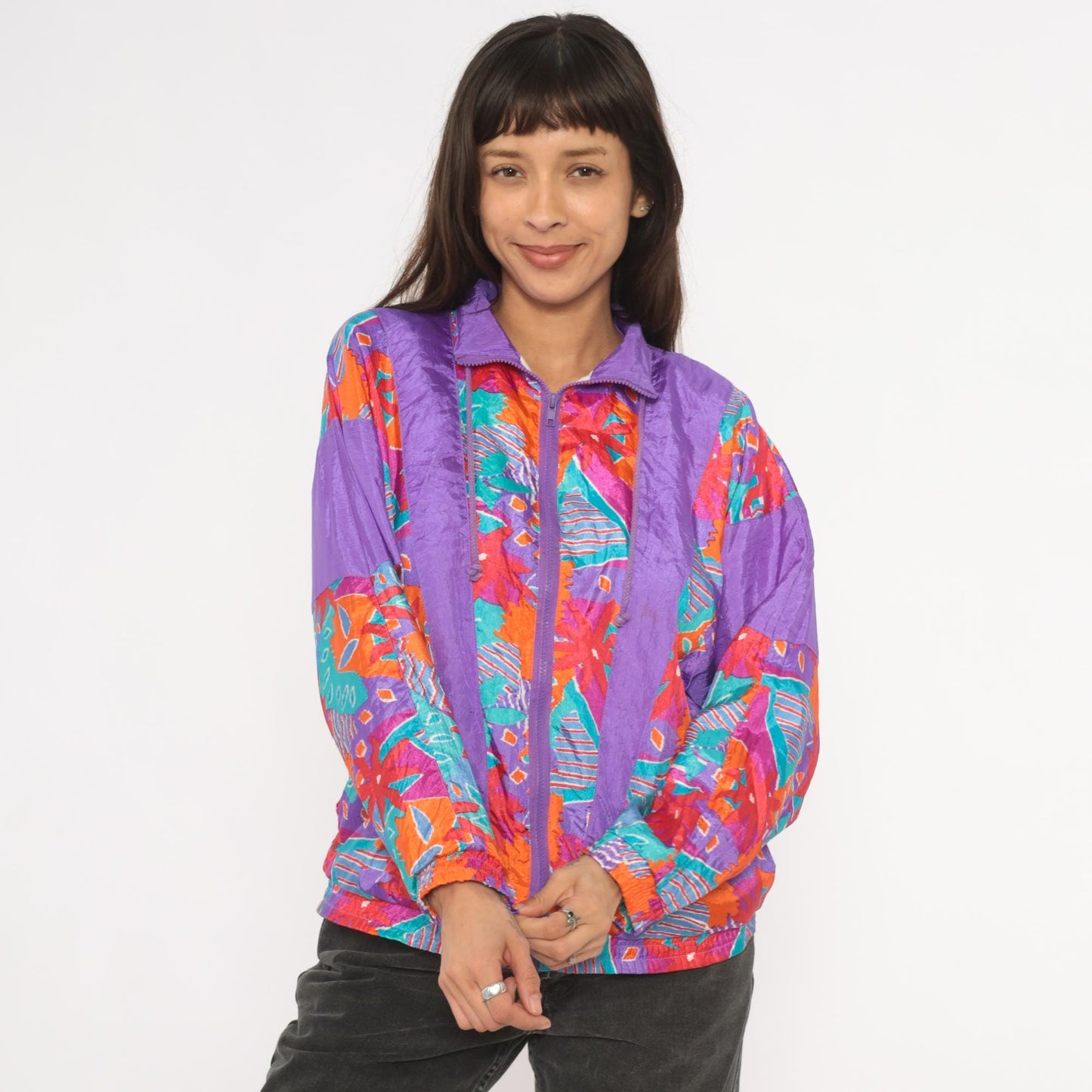 90s Aviat Sportif Windbreaker Purple Geometric Floral Print Small
