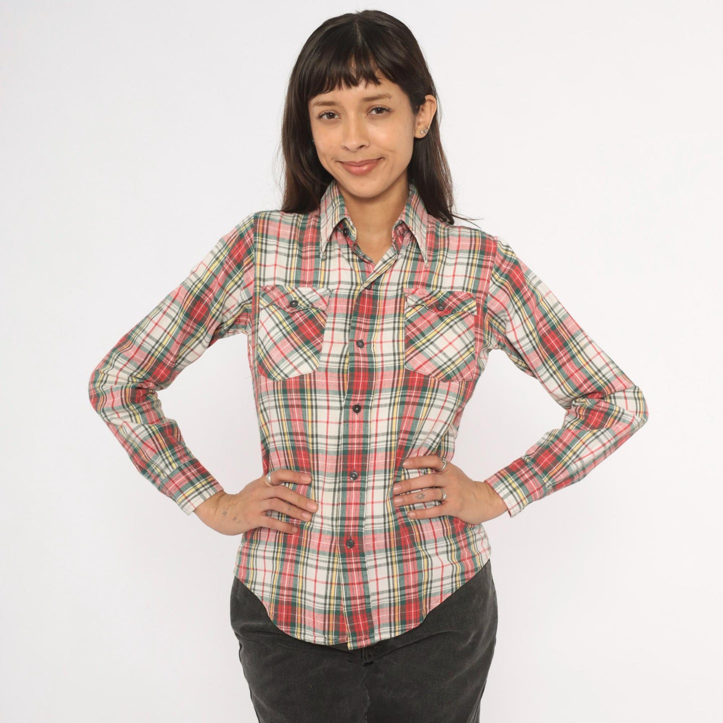 80s Medalist Plaid Flannel Shirt Red Green Tartan Button Front XS