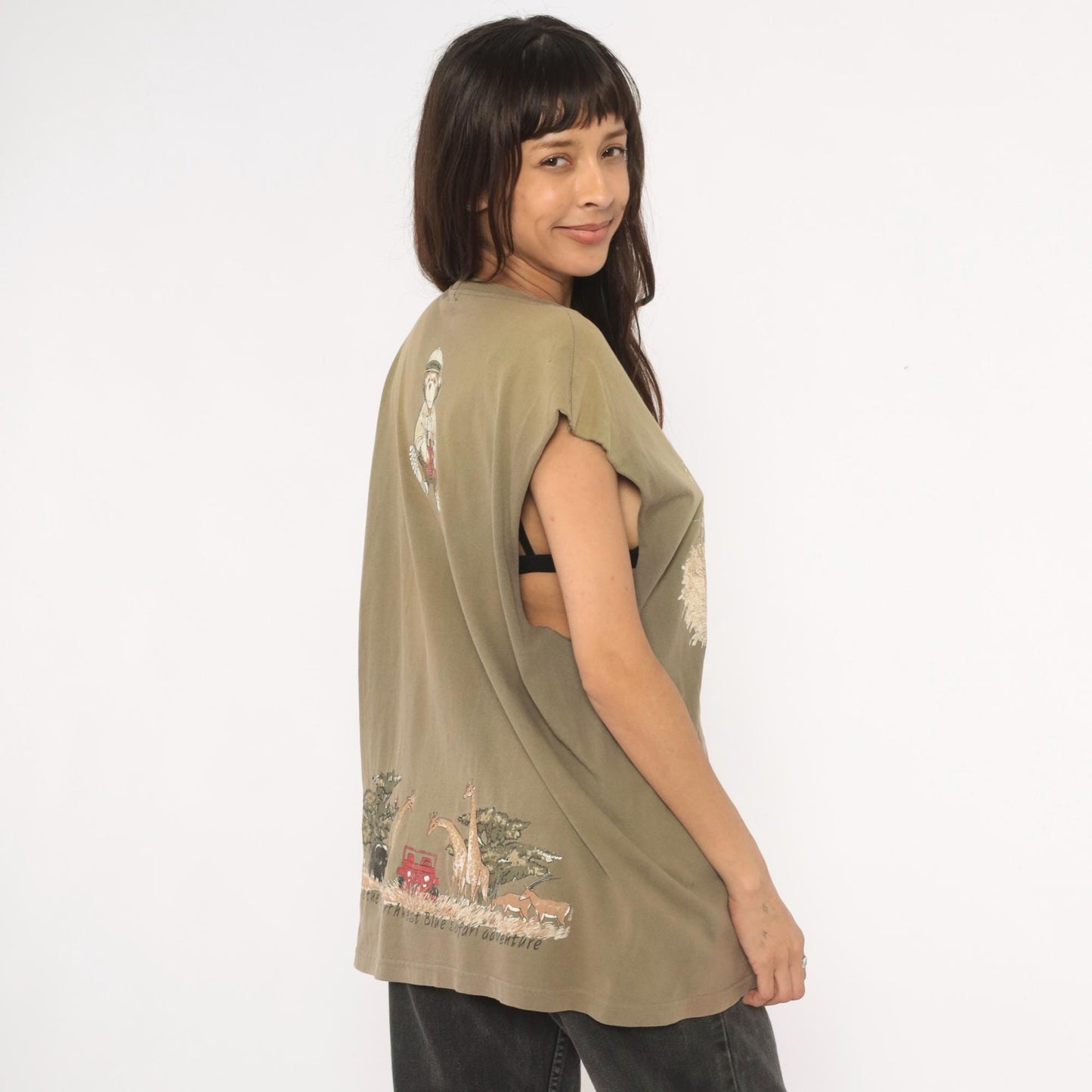 90s Northwest Blue Safari Bear Graphic Tank Top Olive Green Extra Large