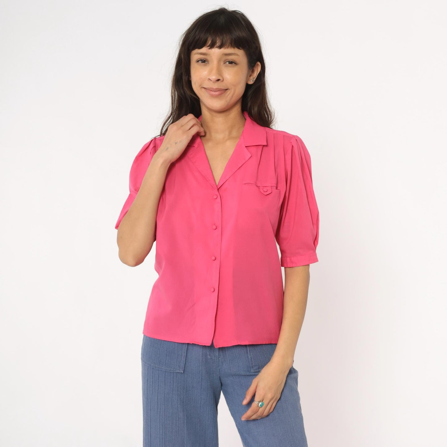80s Hot Pink Josephine Blouse Puff Sleeve Button Front Power Dressing Medium