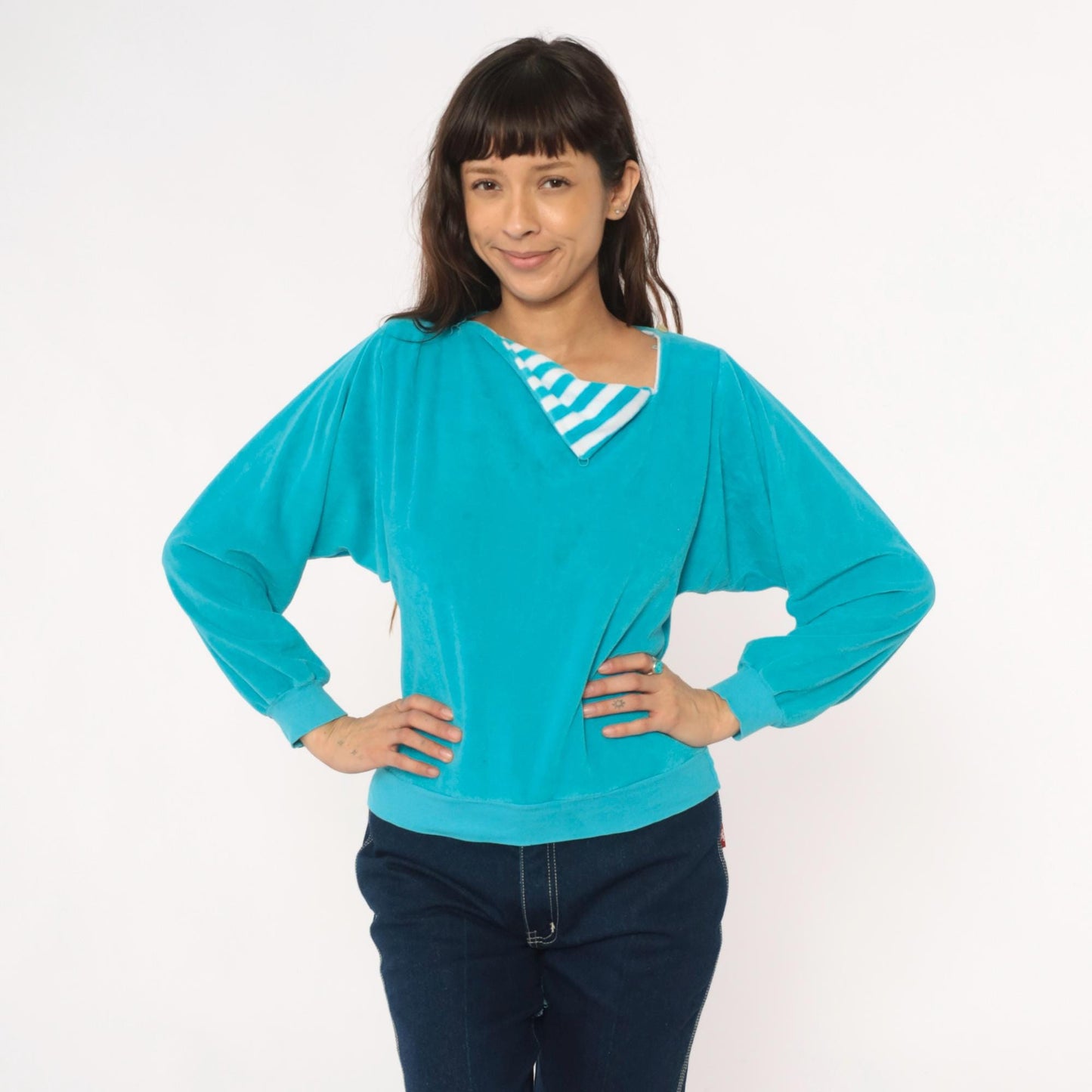 80s Terrycloth Sweatshirt Teal Asymmetrical Neck Striped Collar Pullover Small