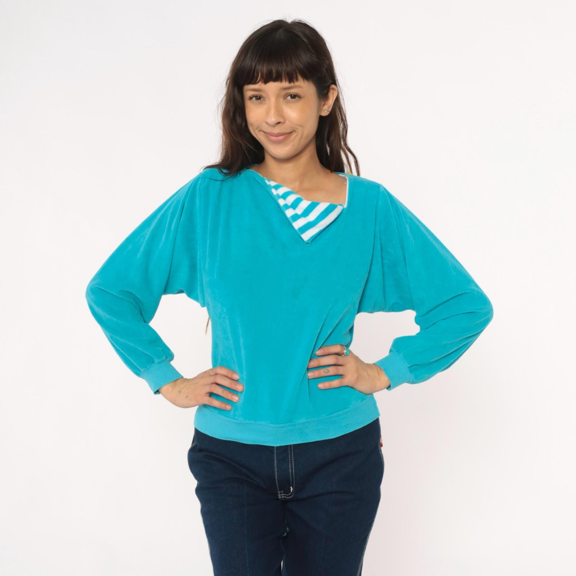 80s Terrycloth Sweatshirt Teal Asymmetrical Neck Striped Collar Pullover Small