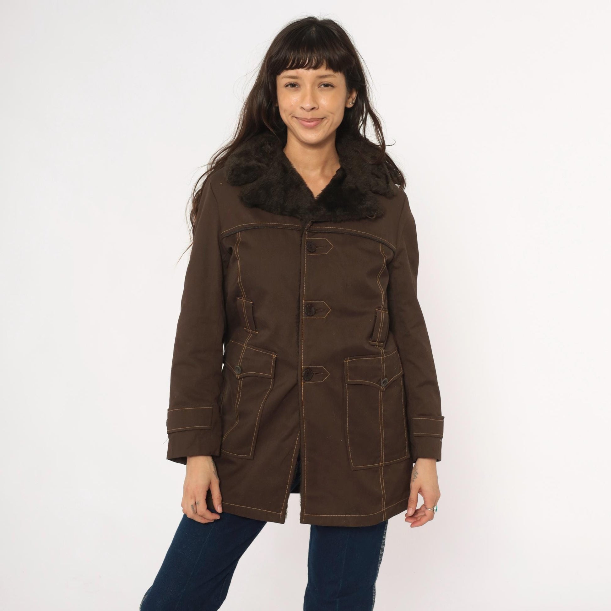 70s McGrégor Brown Parka Detachable Hood Faux Fur Collar Small