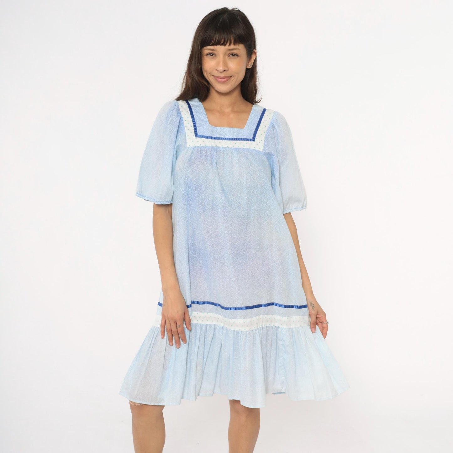 80s Light Blue Hawaiian Dress Cotton Puff Sleeve Square Neck Empire Waist Extra Small