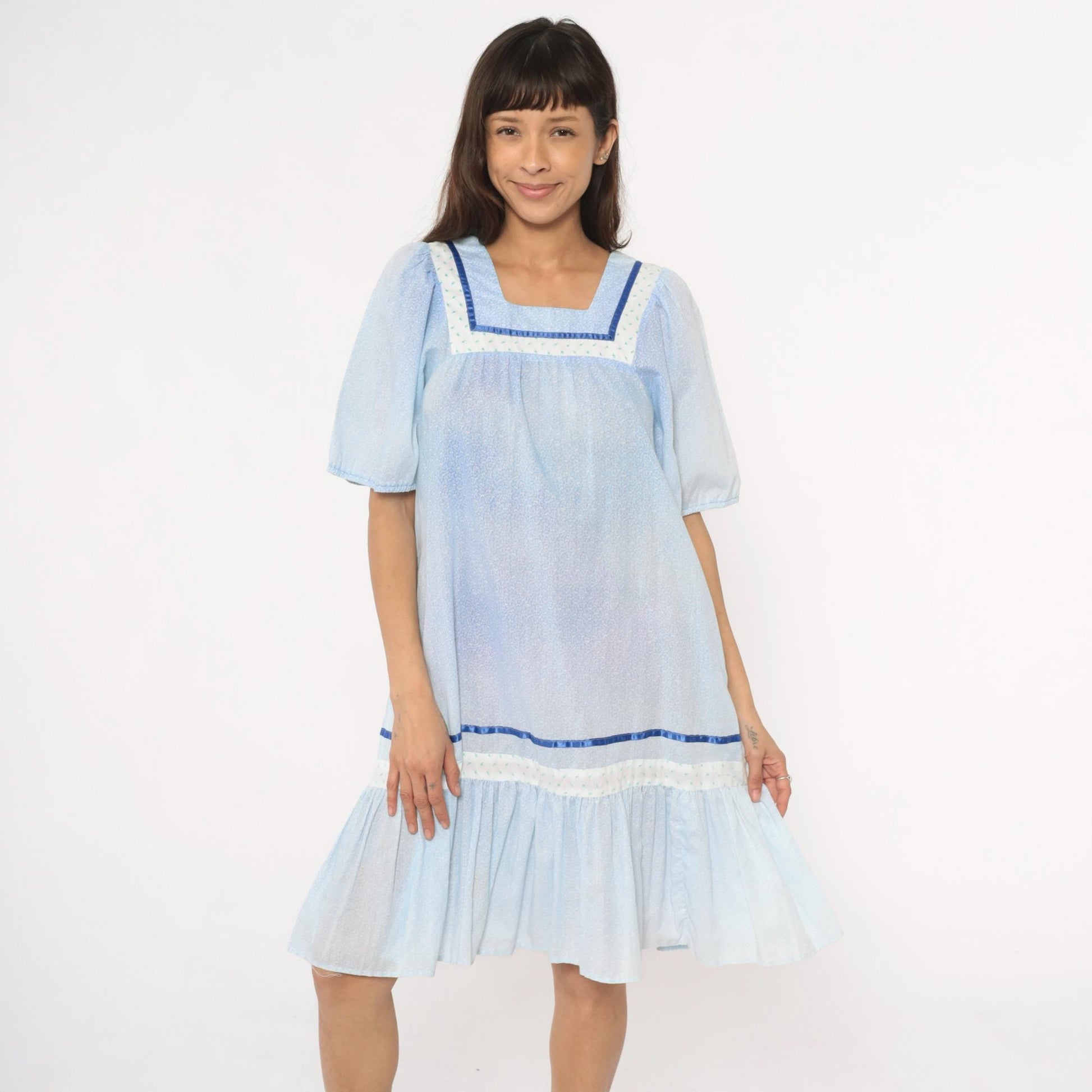 80s Light Blue Hawaiian Dress Cotton Puff Sleeve Square Neck Empire Waist Extra Small