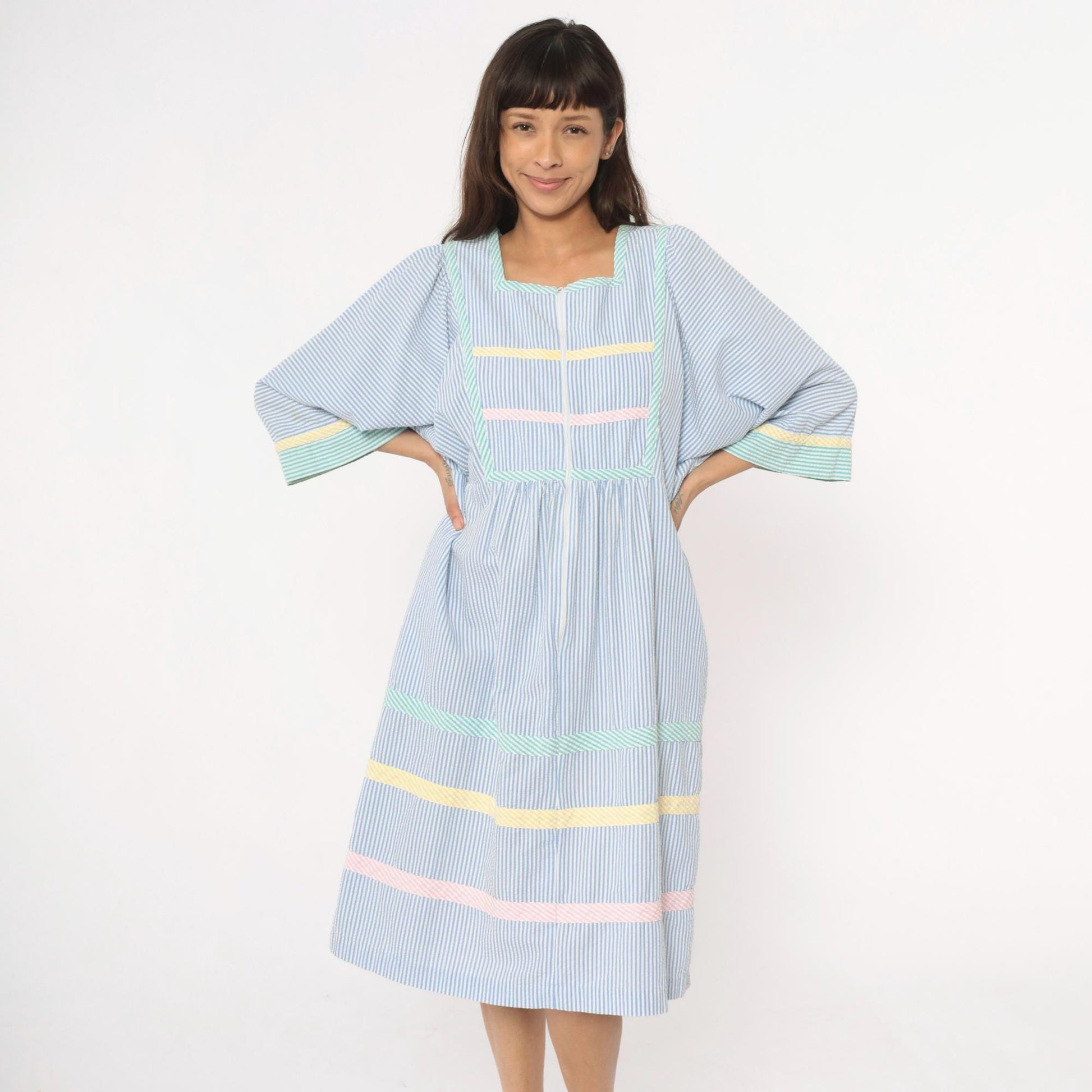 80s Saybury Seersucker Striped Dress Blue White Rickrack Trim Large