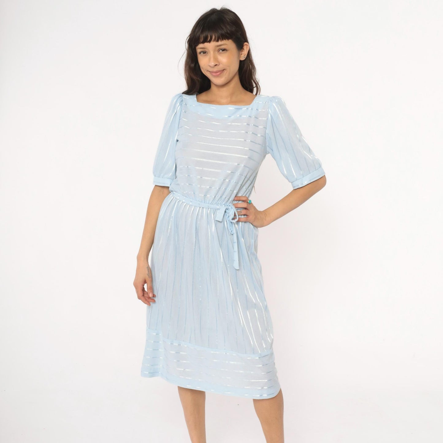 80s Baby Blue Striped Midi Dress Puff Sleeve Boat Neck Cotton Medium