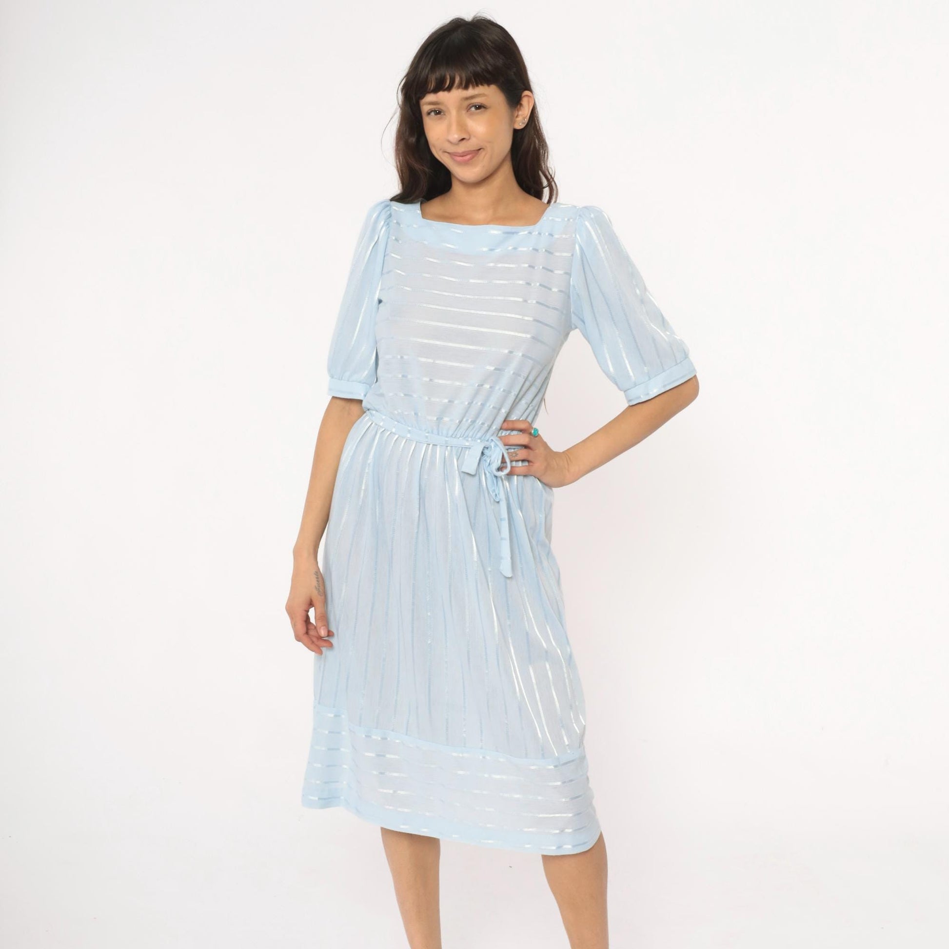 80s Baby Blue Striped Midi Dress Puff Sleeve Boat Neck Cotton Medium