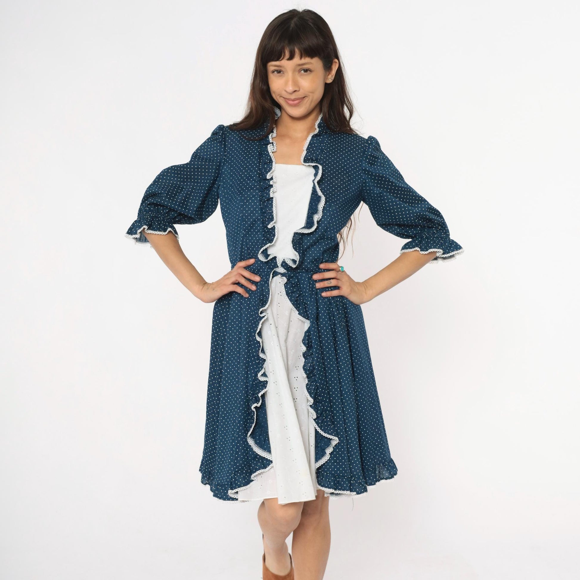 80s Navy Polka Dot Square Dance Dress White Eyelet Ruffle Cotton Small